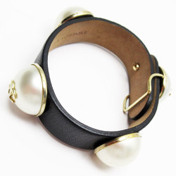 CHANEL Coco Mark Bracelet Leather Faux Pearl Black Off-White Gold Women's w0499f