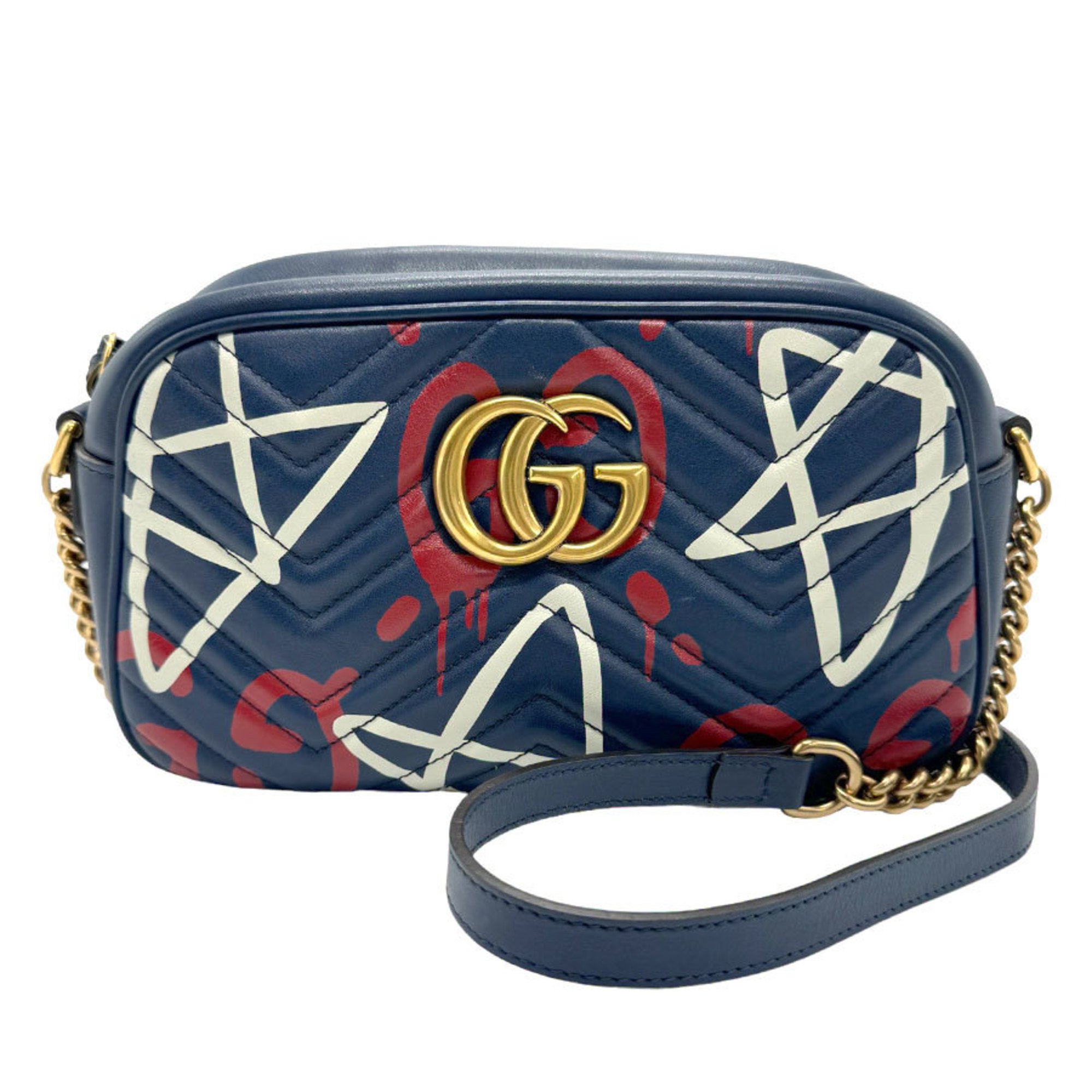 GUCCI Shoulder Bag GG Marmont Leather Navy Red White Gold Women's 447632 z1417