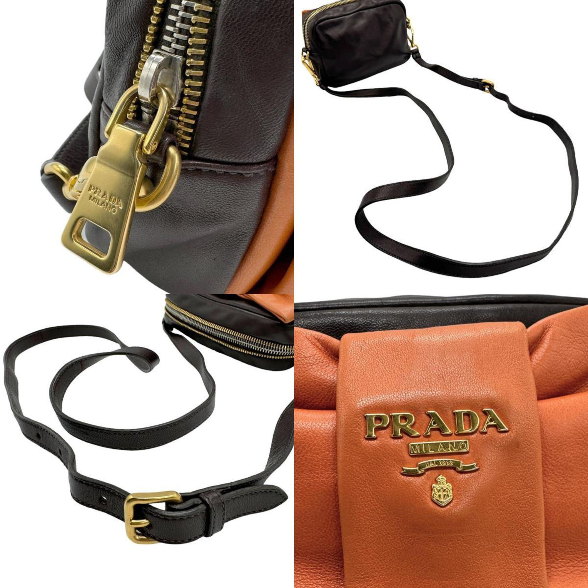PRADA Shoulder bag Leather Dark brown x orange Women's z1415