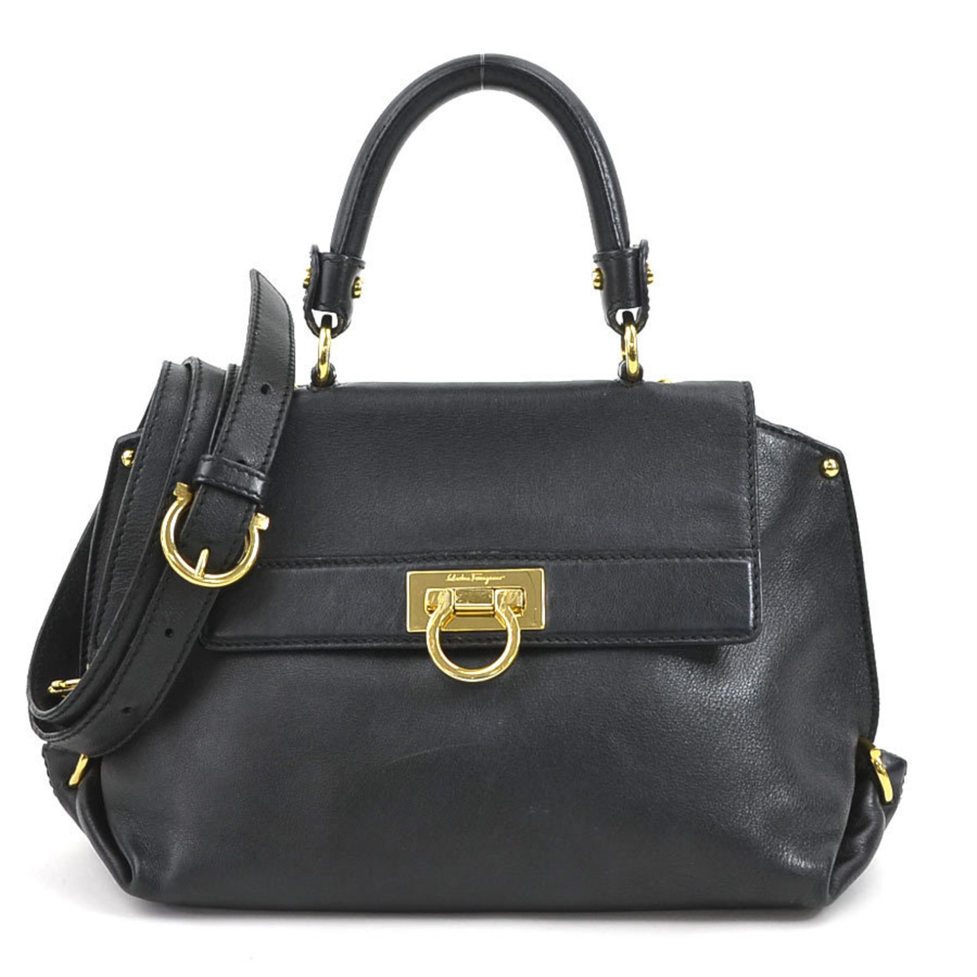 Salvatore Ferragamo Handbag Shoulder Bag Gancini Leather Black Gold Women's e58764i