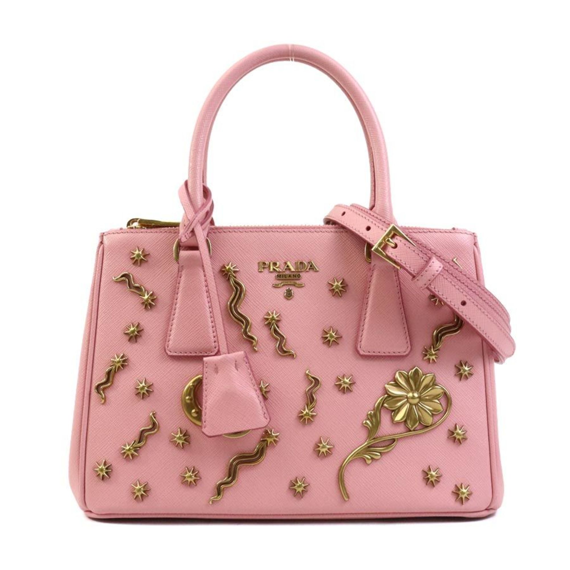 PRADA handbag shoulder bag leather metal pink gold ladies e58761a