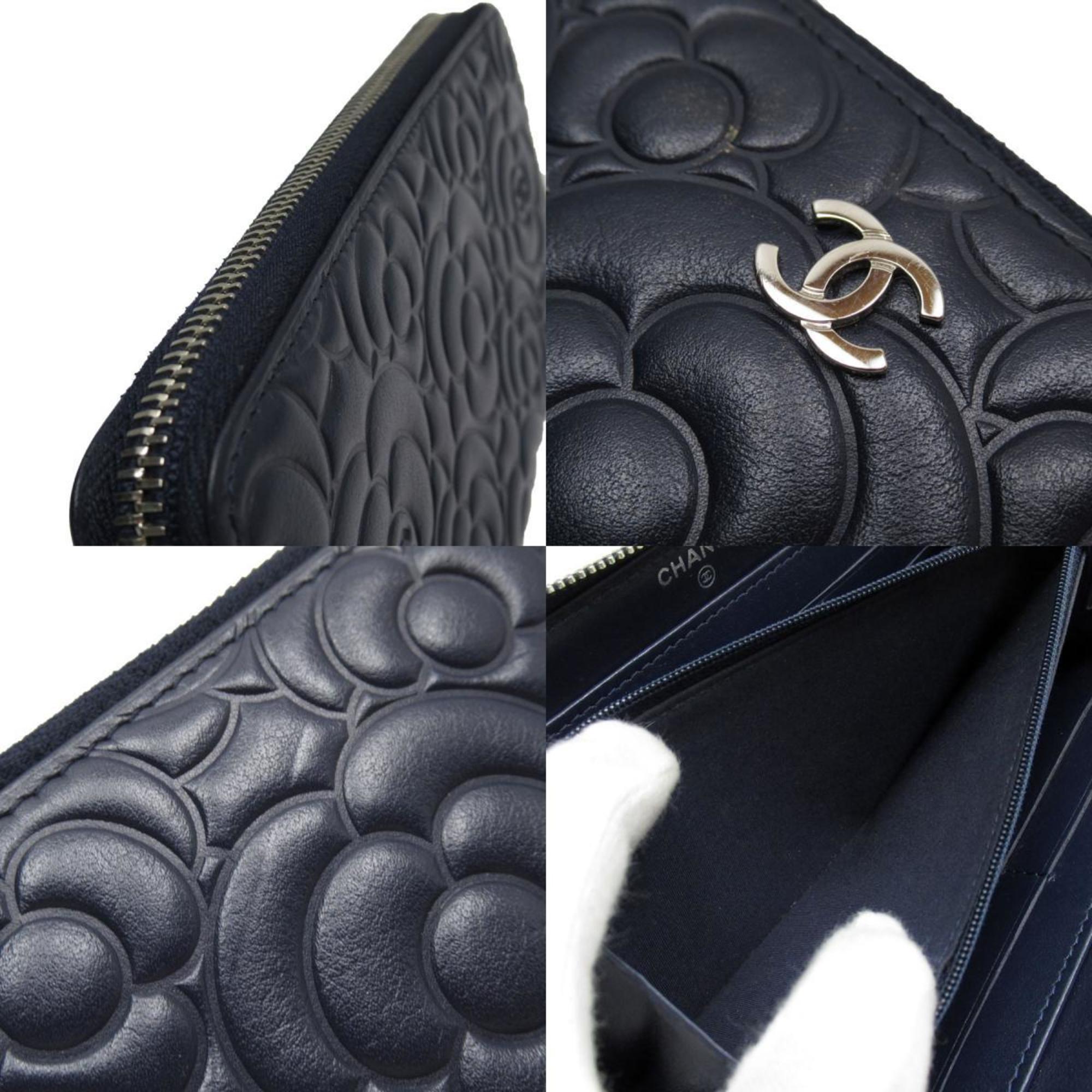 CHANEL Round Long Wallet Camellia Coco Mark Embossed Leather Navy Silver Women's w0460j
