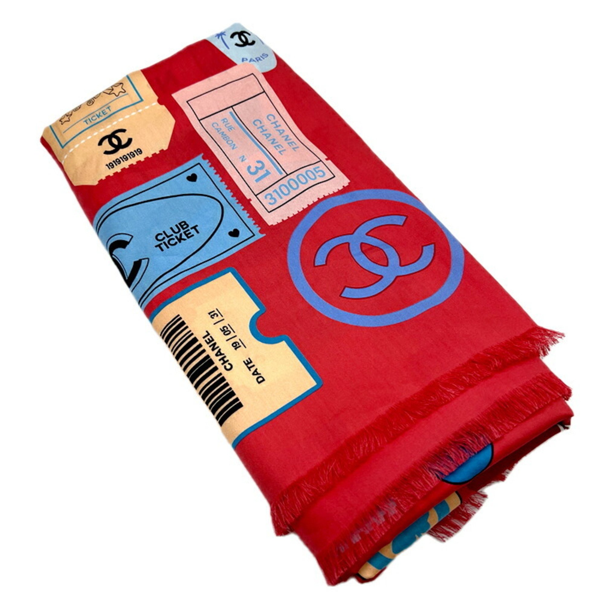 CHANEL Chanel Ticket Design Large Stole Cotton Silk Red Pink Scarf Shawl Women's Coco Mark Men's