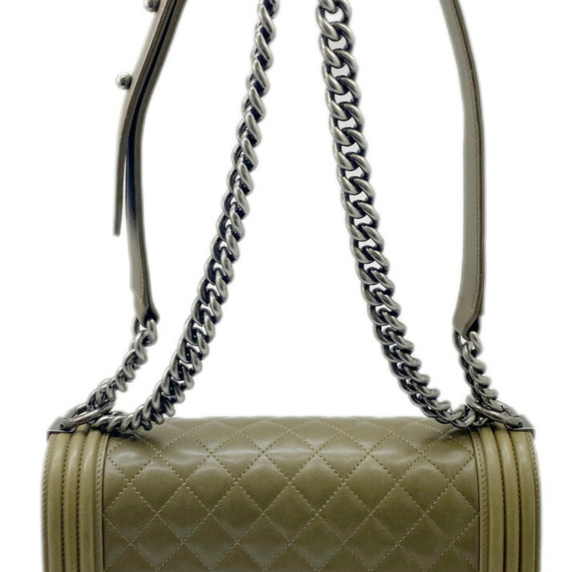 CHANEL Boy Chanel Chain Shoulder Bag 25 Lambskin Khaki Green Women's Men's