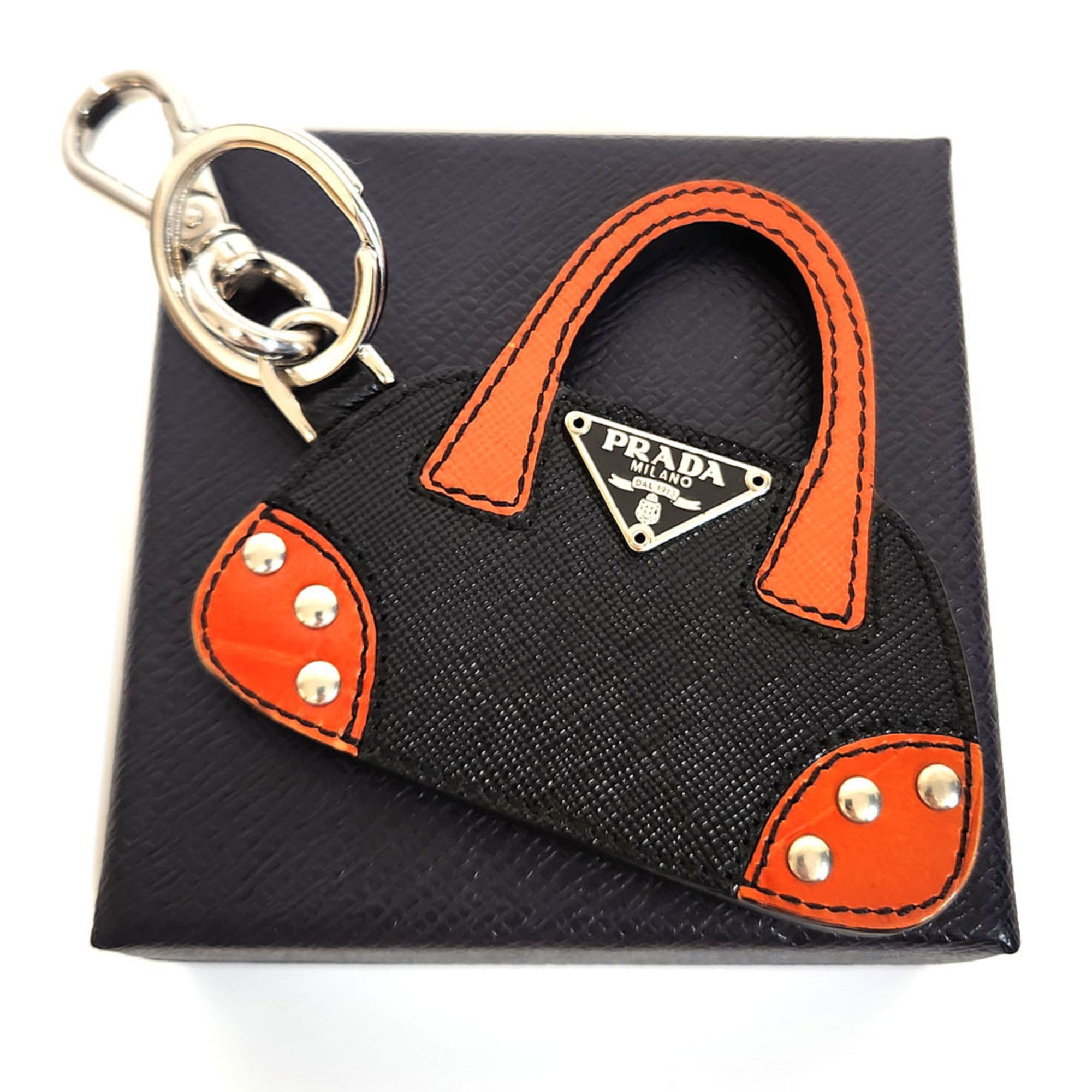 PRADA Keychain Bag Motif - Black Orange Saffiano Leather Charm Keyring for Women