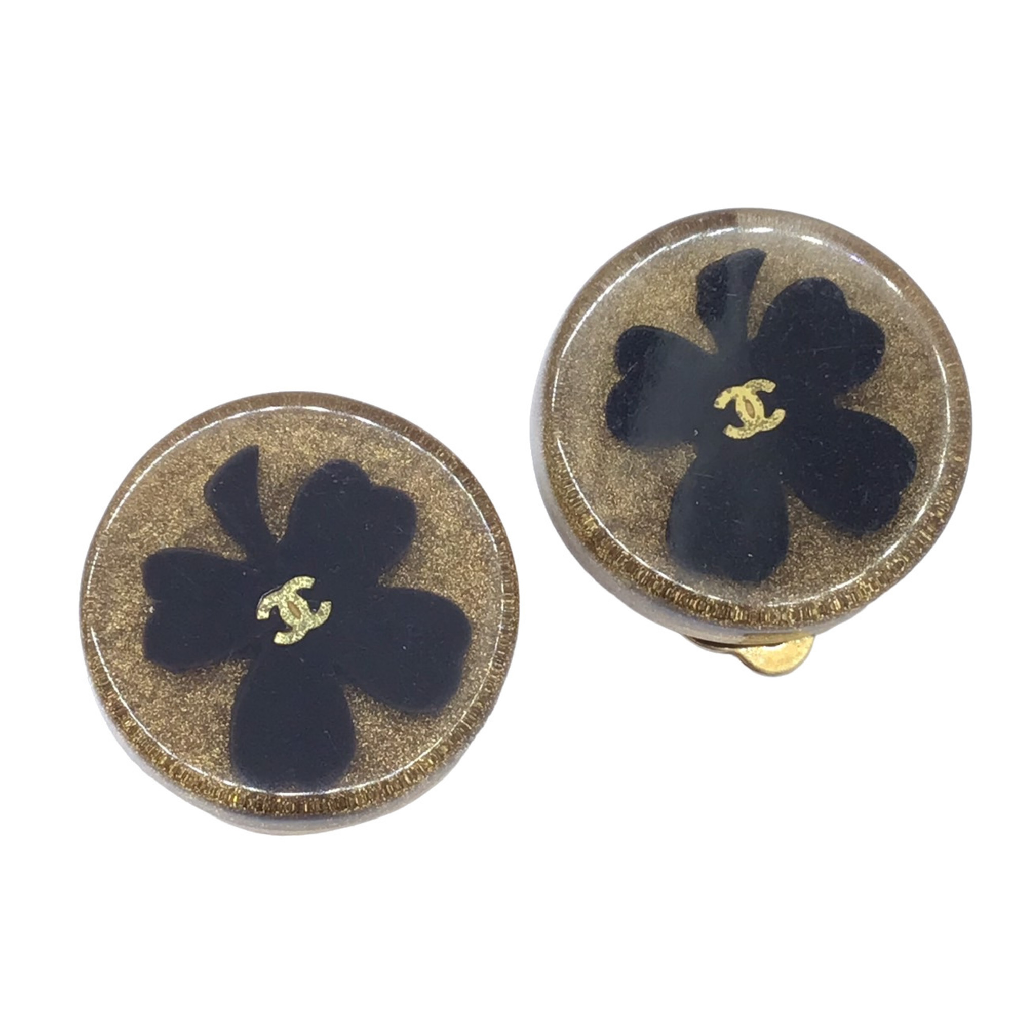 CHANEL Clover Earrings Round 01C Plated Flower Ear Accessory Glitter Gold Black Women's
