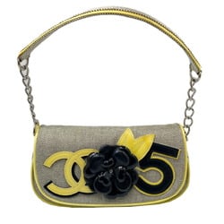 CHANEL Shoulder Bag Canvas Leather Camellia No.5 Chain Gray Yellow Women's