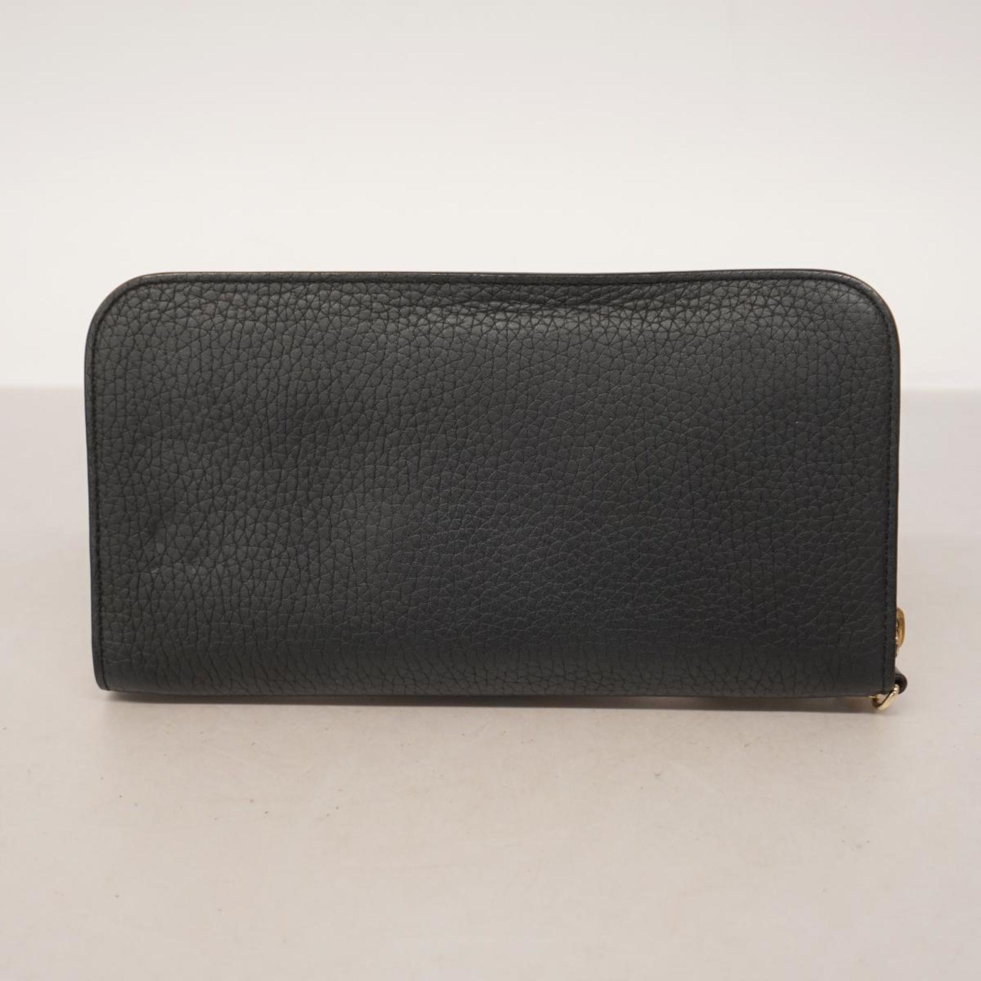 Christian Dior Long Wallet Leather Black Champagne Women's