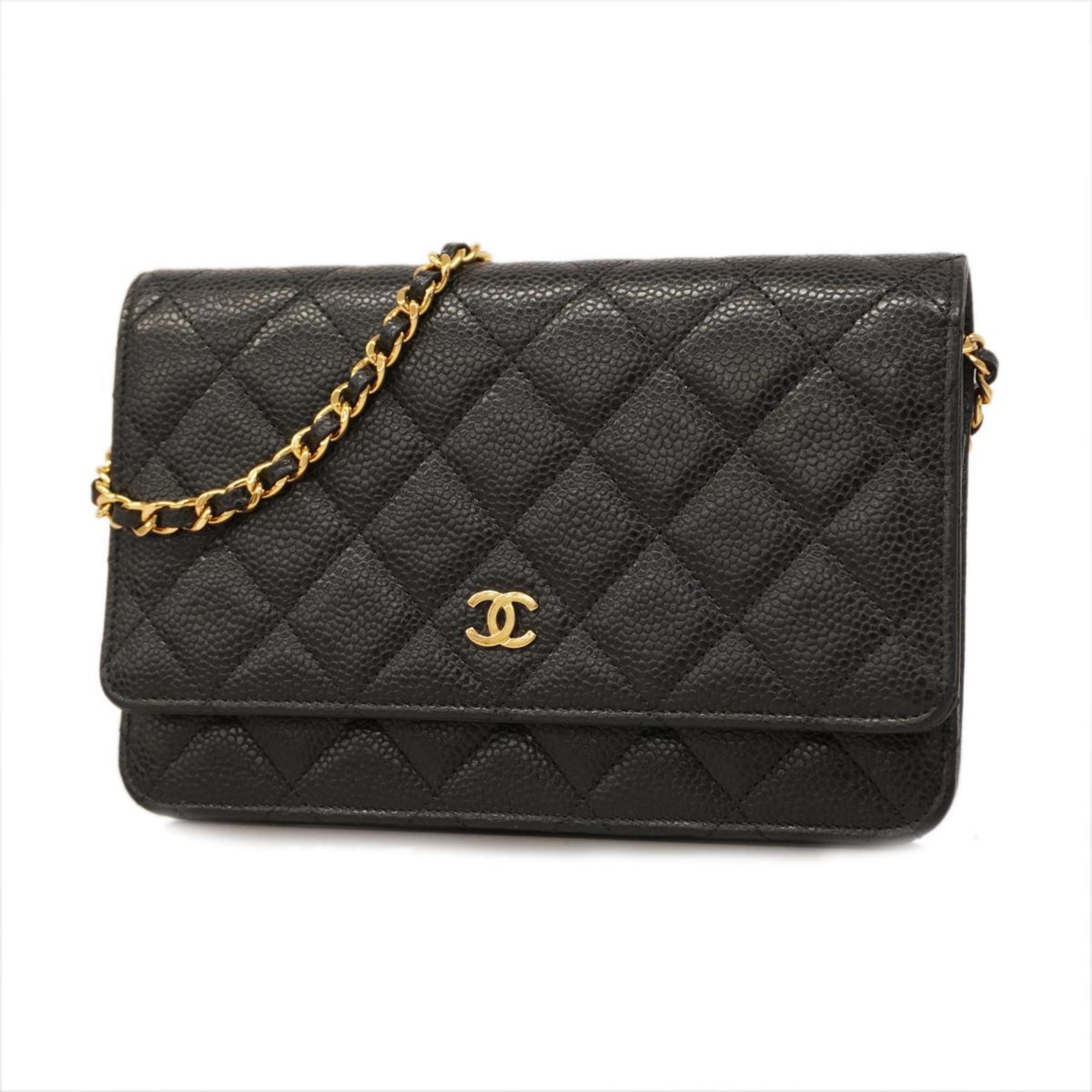 Chanel Shoulder Wallet Matelasse Chain Caviar Skin Black Women's