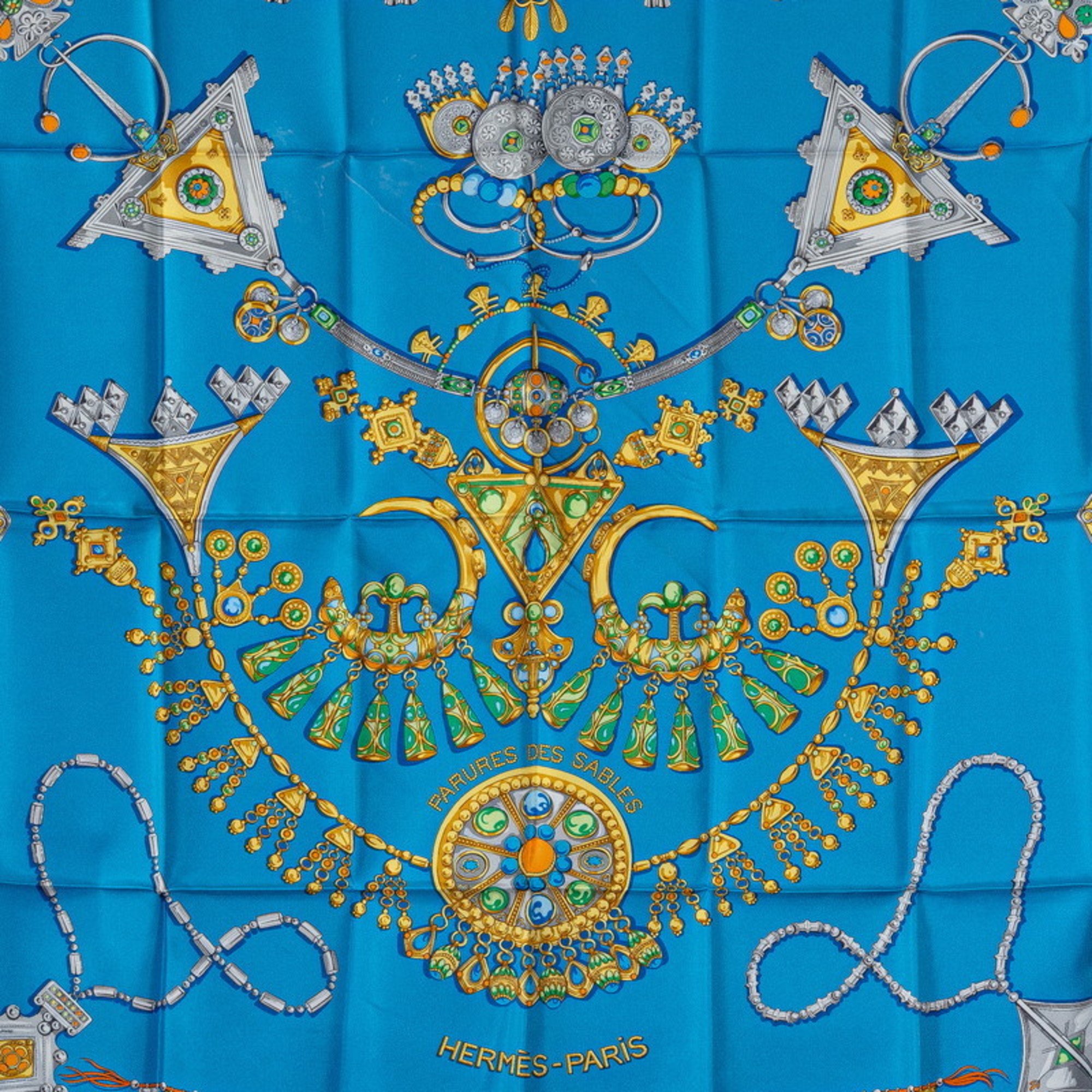 Hermes Carre 90 PARURES DES SABLES Desert Scarf Muffler Light Blue Multicolor Silk Women's HERMES