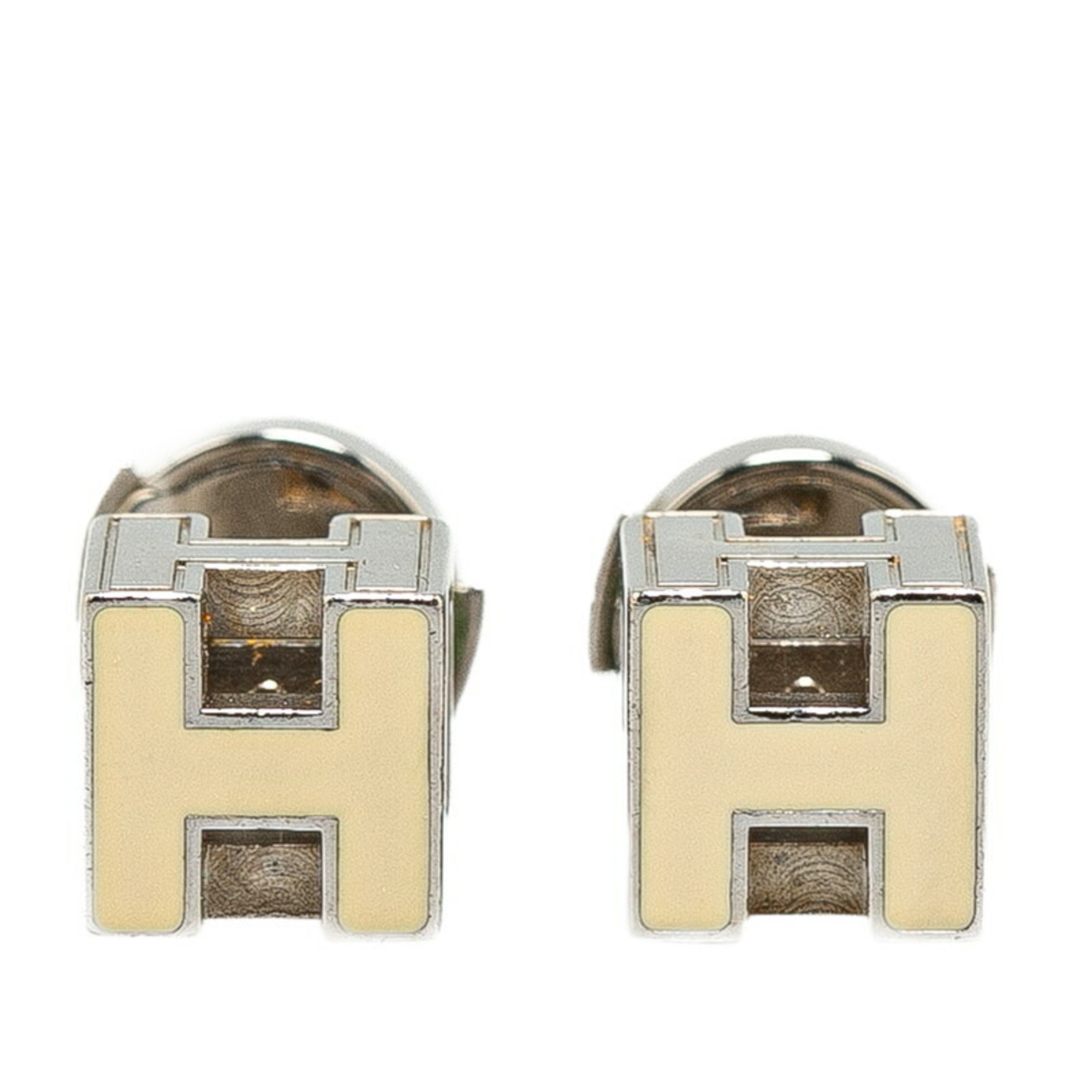 Hermes Cage d'Ache H Cube Earrings Silver Ivory Metal Women's HERMES