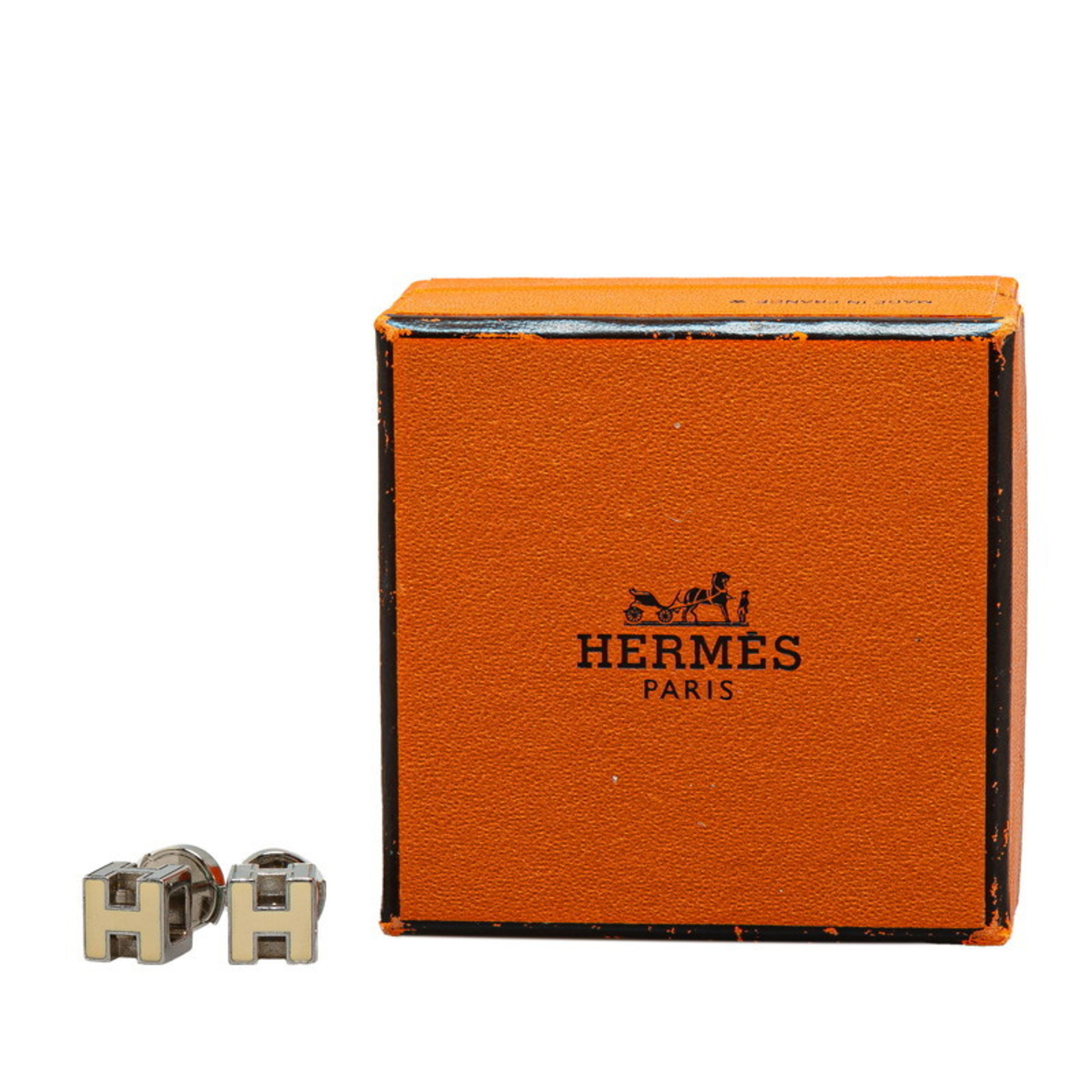 Hermes Cage d'Ache H Cube Earrings Silver Ivory Metal Women's HERMES
