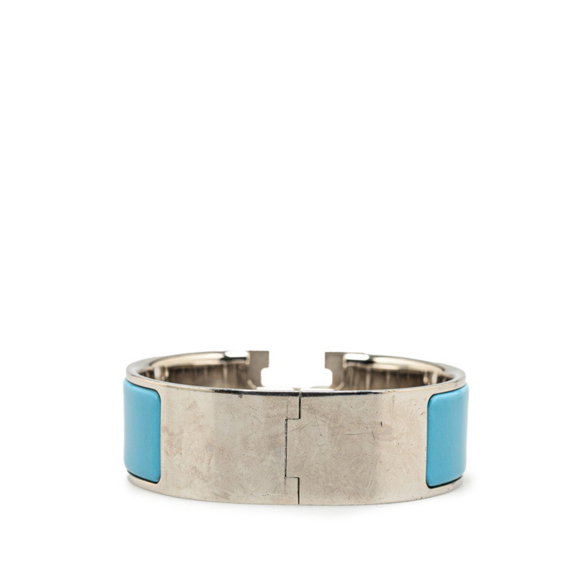 Hermes Click-Clack H GM Bangle Bracelet Silver Light Blue Metal Women's HERMES