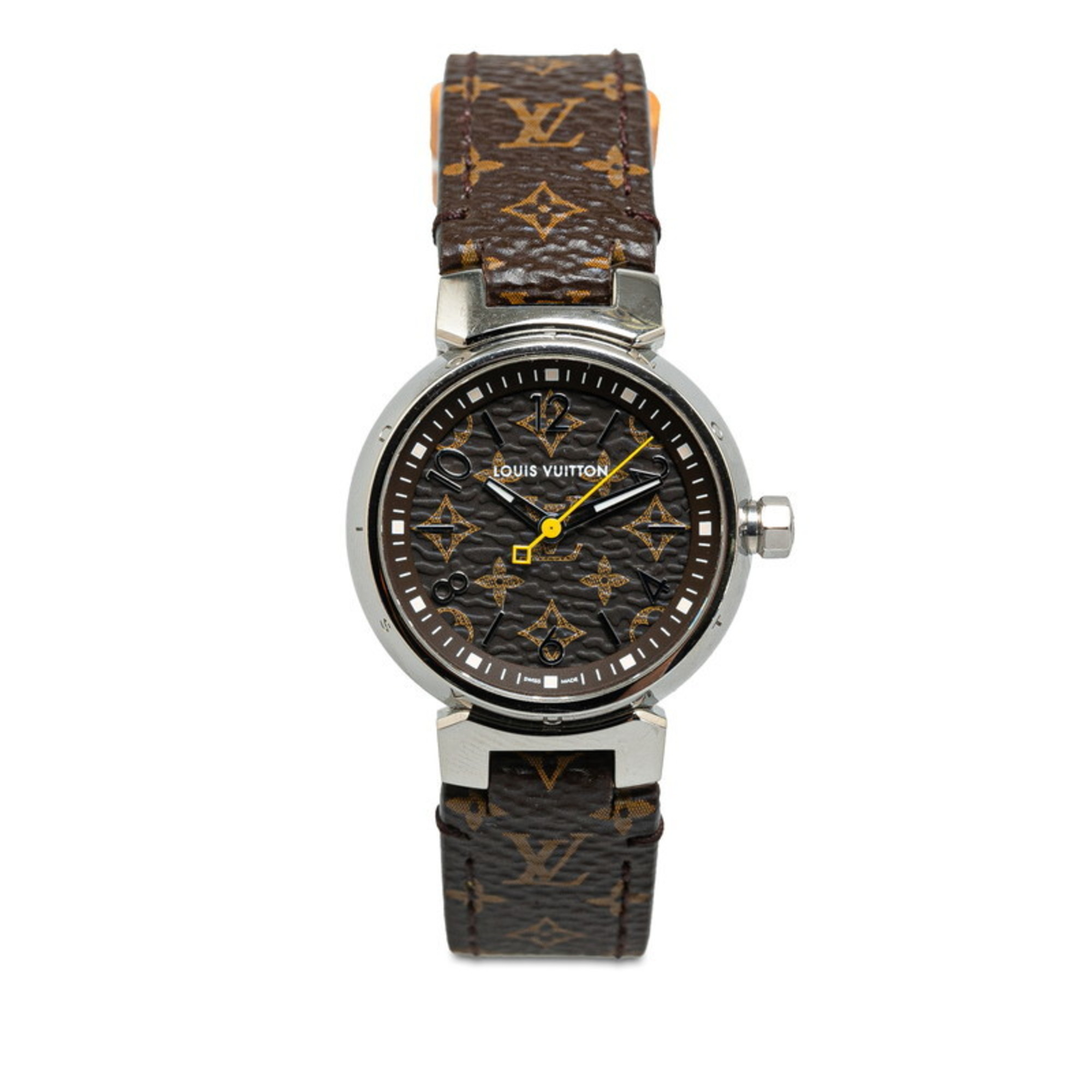 Louis Vuitton Monogram Tambour Canvas Strap M Watch R15231 Automatic Brown Dial PVC Leather Women's LOUIS VUITTON