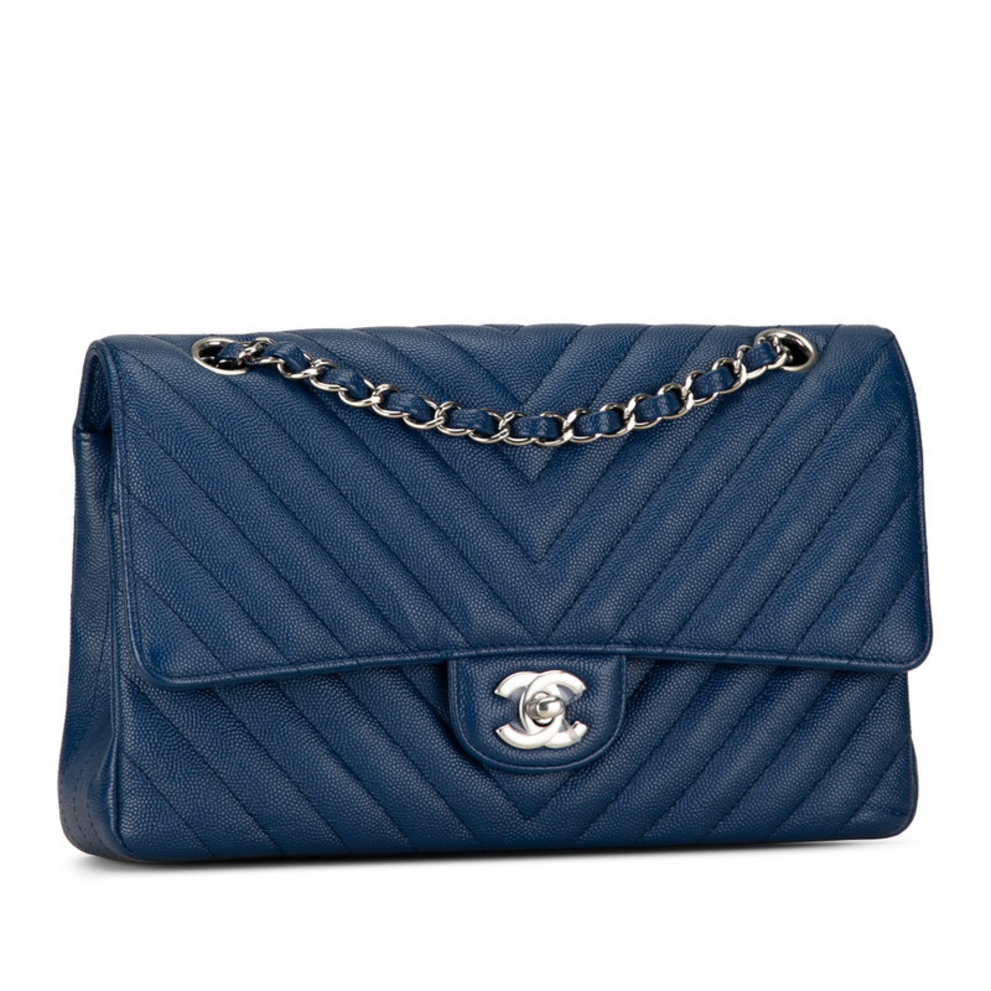 Chanel Coco Mark V Stitch Double Flap Chain Shoulder Bag Blue Leather Women's CHANEL