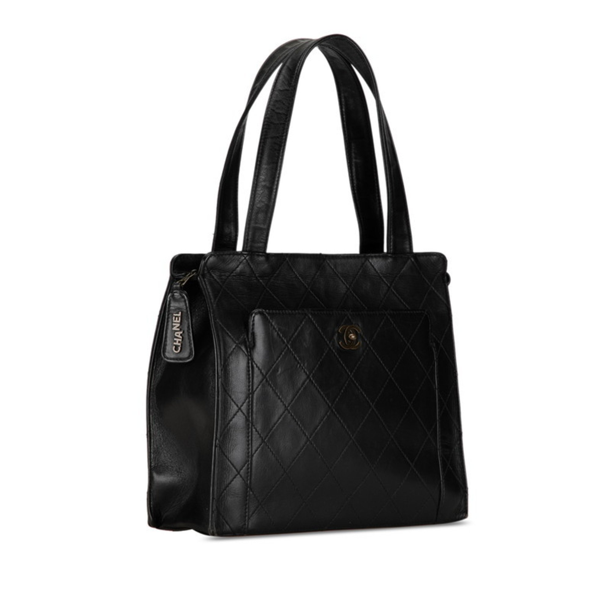 Chanel Matelasse Coco Mark Handbag Tote Bag Black Leather Women's CHANEL