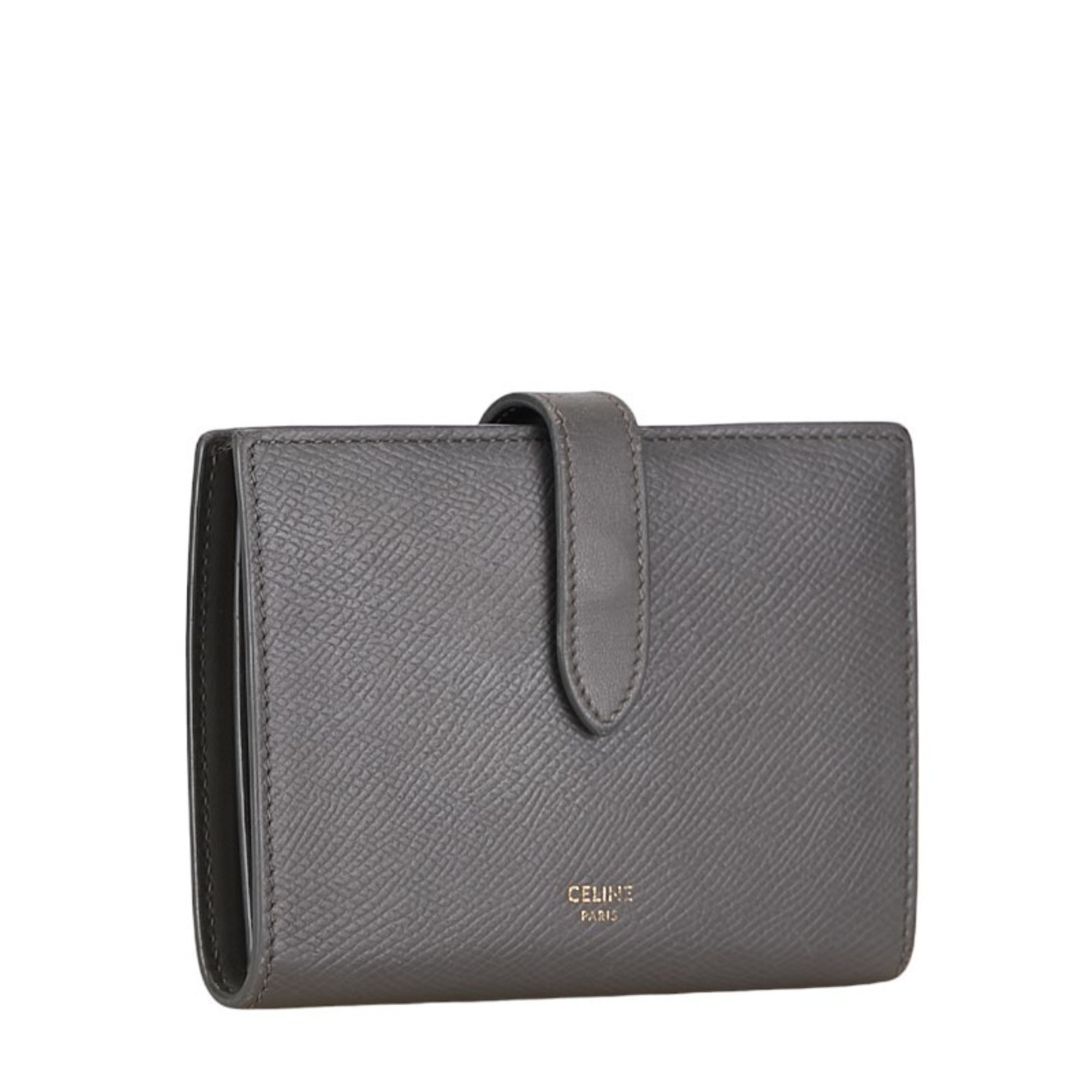 CELINE Large Strap Wallet Long Grey Leather Women's