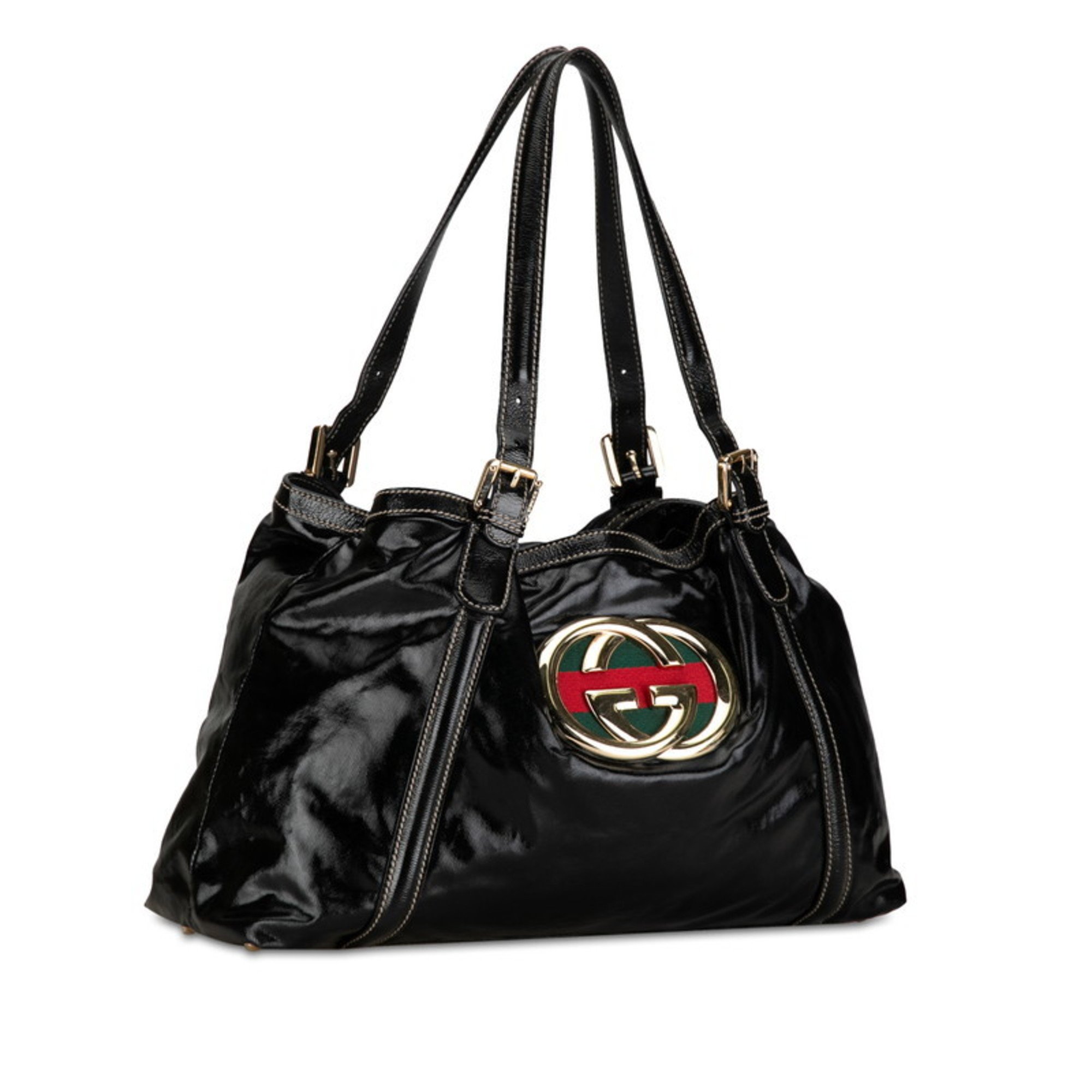 Gucci New Bride Double G Sherry Line Tote Bag 162094 Black Gold Patent Leather Women's GUCCI