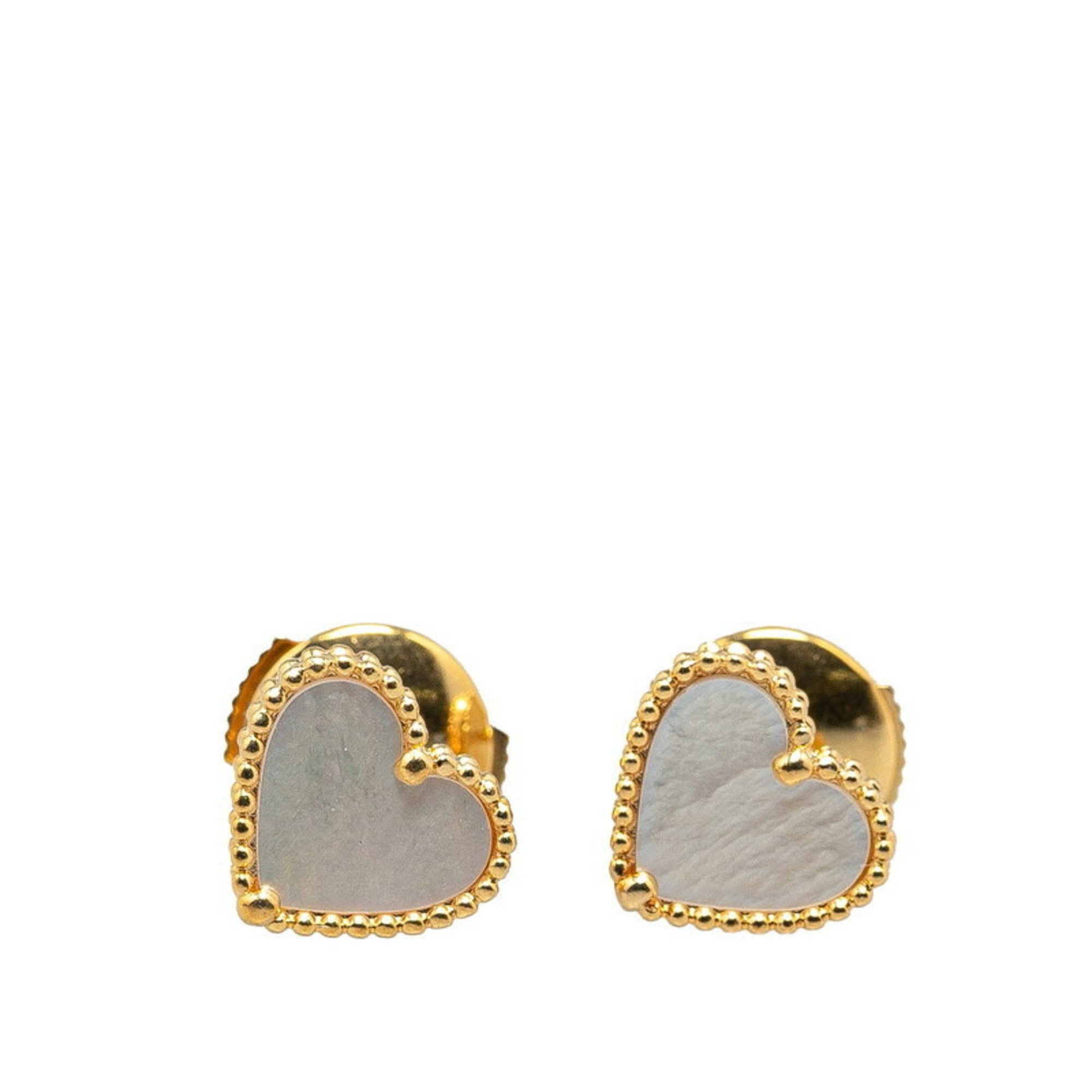 Van Cleef & Arpels Sweet Alhambra Heart Mother of Pearl Stud Earrings K18YG Yellow Gold Women's