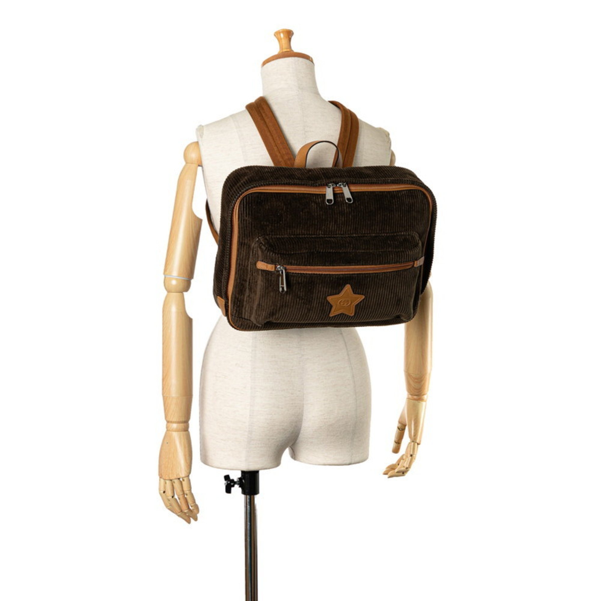 Gucci Double G Star Backpack 704946 Brown Corduroy Leather Women's GUCCI