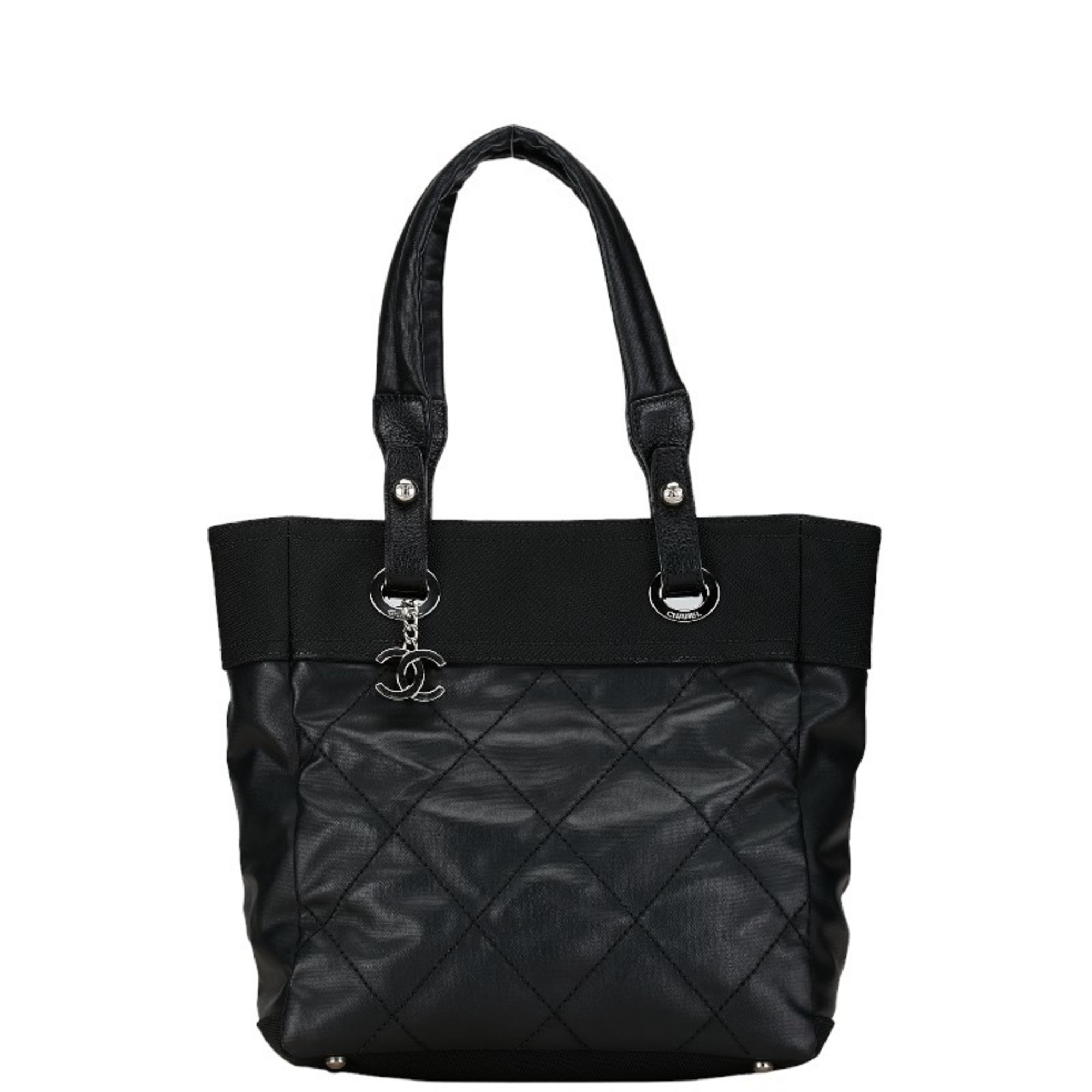 Chanel Coco Mark Paris Biarritz Tote PM Bag Shoulder A34208 Black PVC Canvas Women's CHANEL