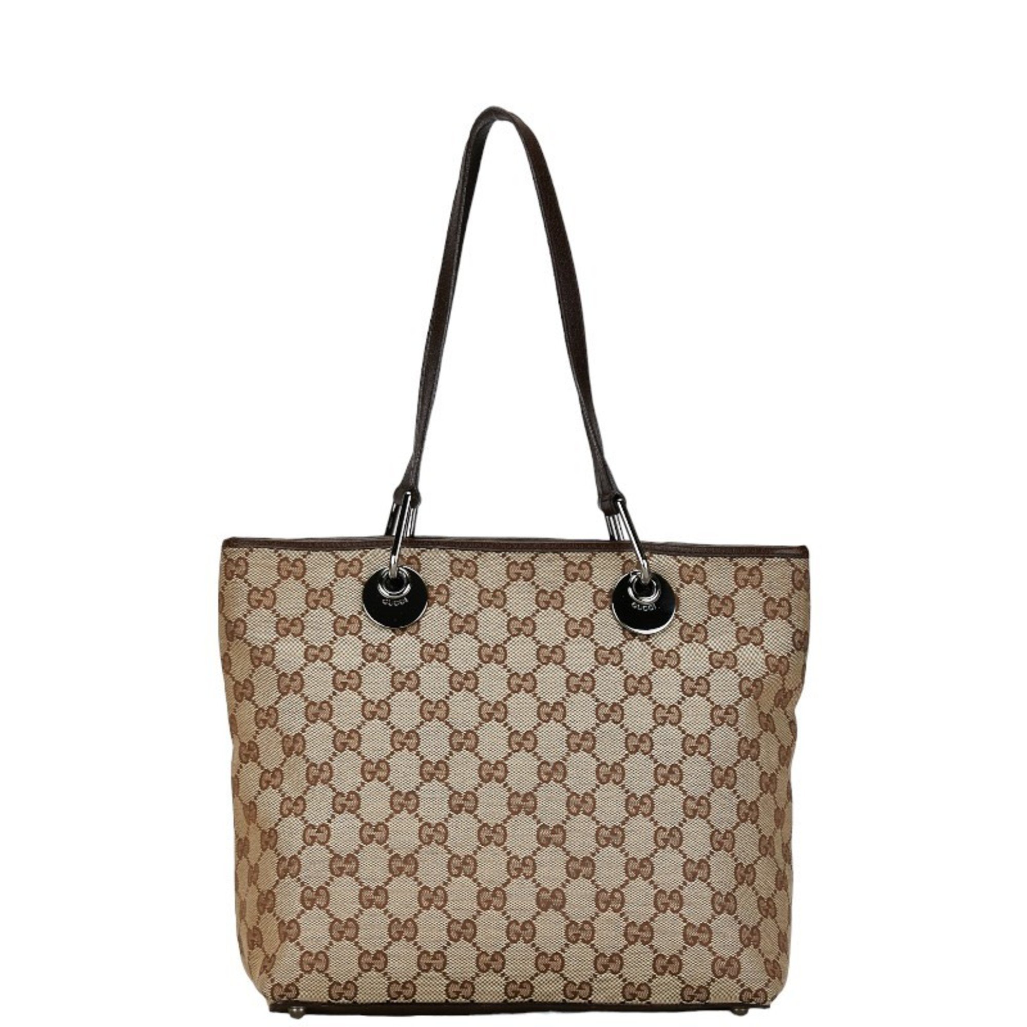 Gucci GG Canvas Tote Bag Handbag 139552 Brown Beige Leather Women's GUCCI