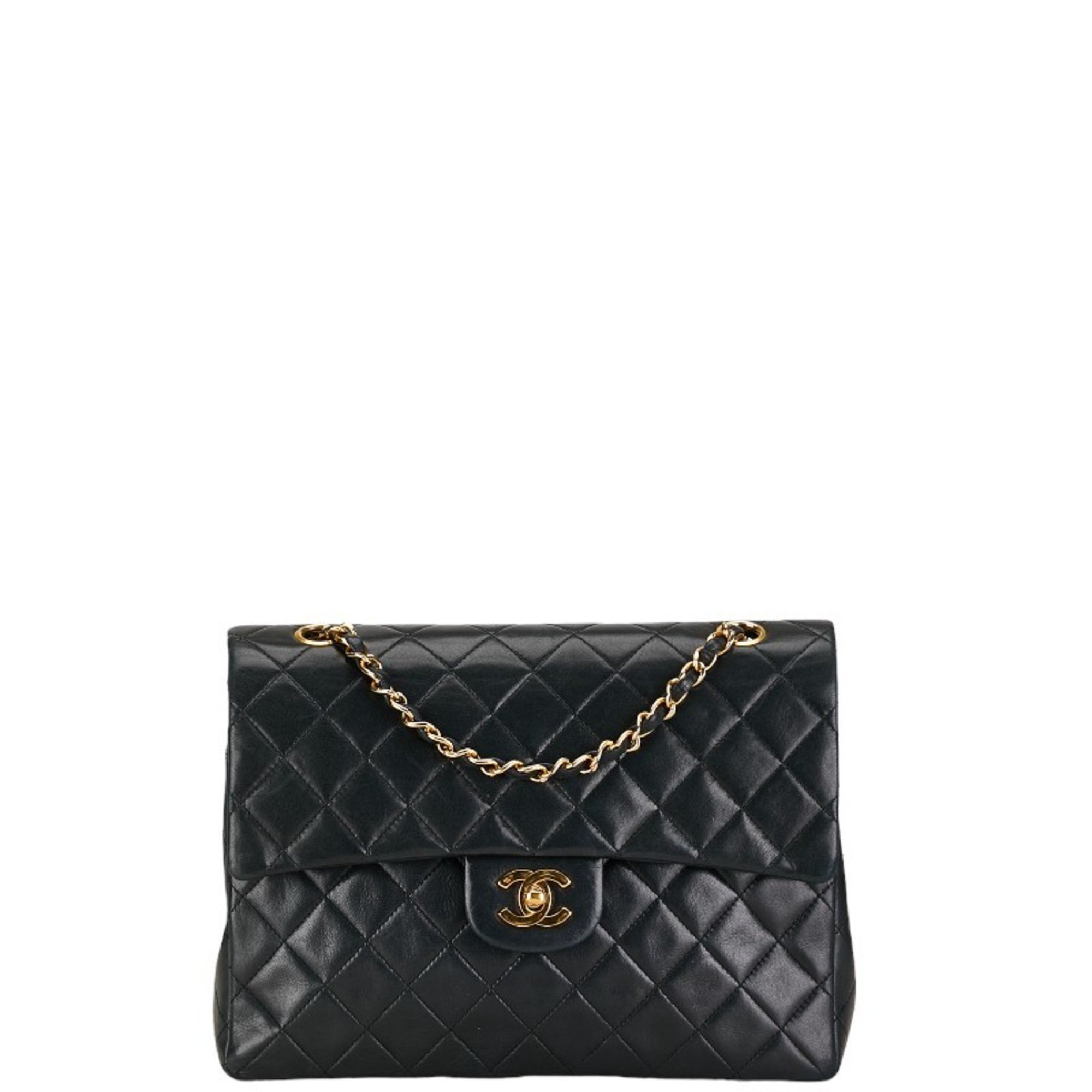 Chanel Matelasse Double Flap Chain Shoulder Bag Black Gold Lambskin Women's CHANEL