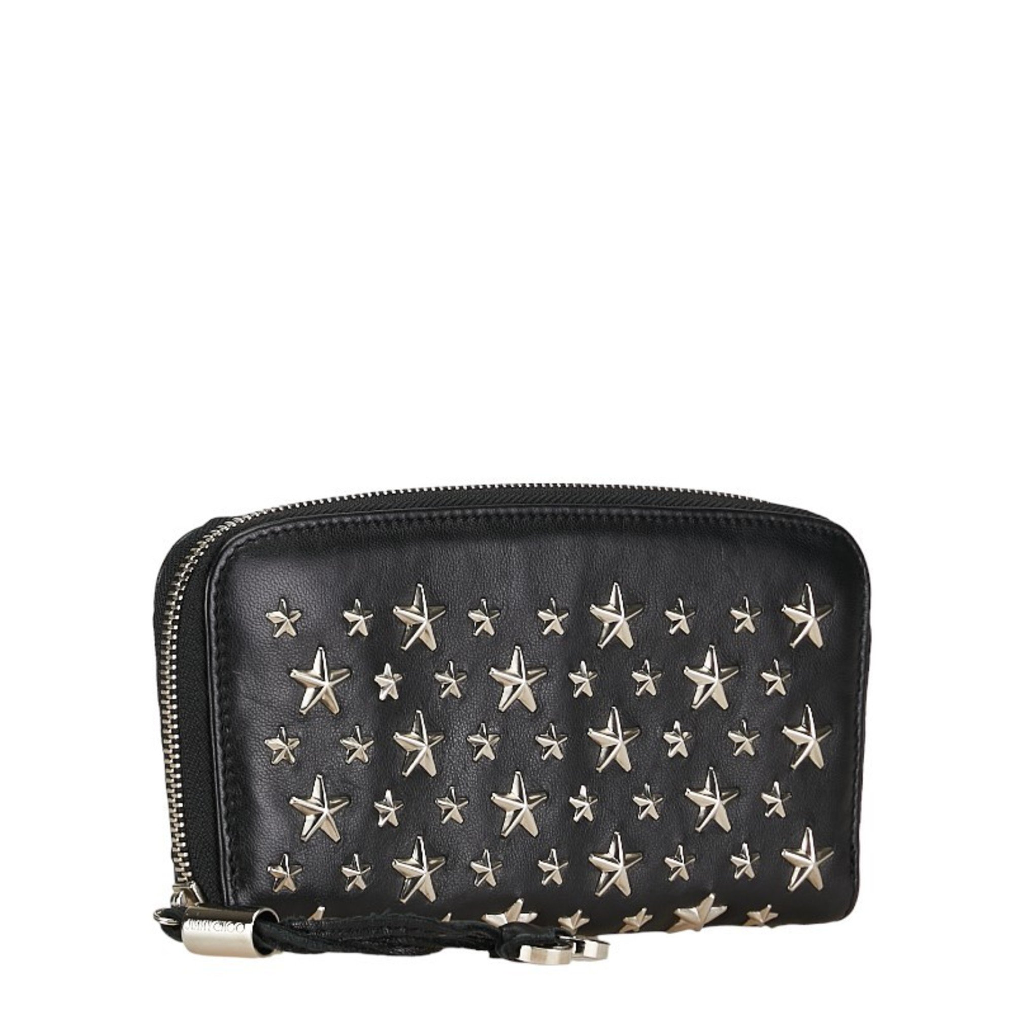 Jimmy Choo Star Studs Round Long Wallet Black Silver Leather Women's JIMMY CHOO