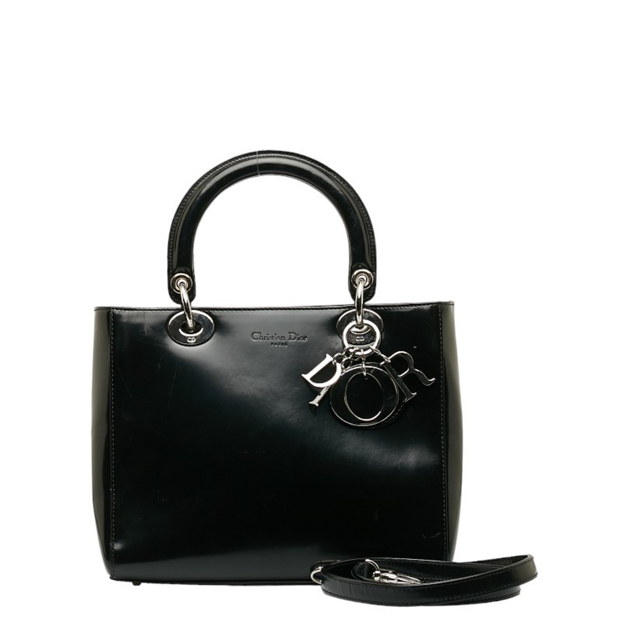 Christian Dior Dior Lady Handbag Shoulder Bag Black Patent Leather Women's