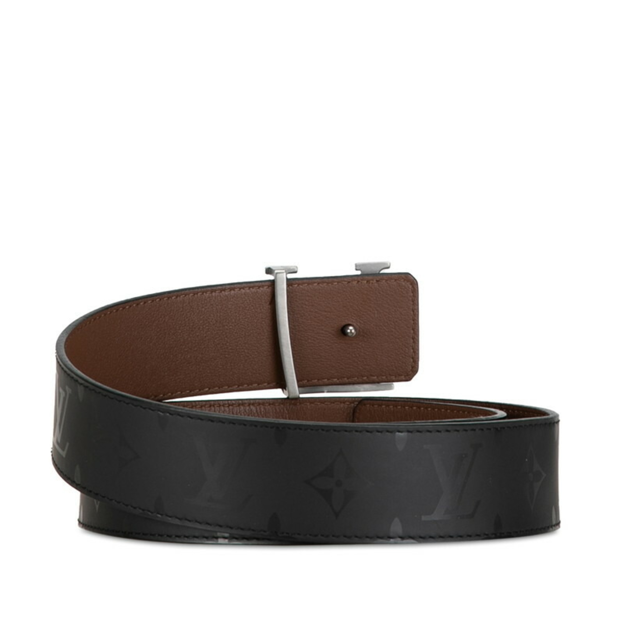 Louis Vuitton Monogram Illusion Santur LV Initial Pyramid Belt 85/34 M9346 Black Brown Silver Leather Men's LOUIS VUITTON