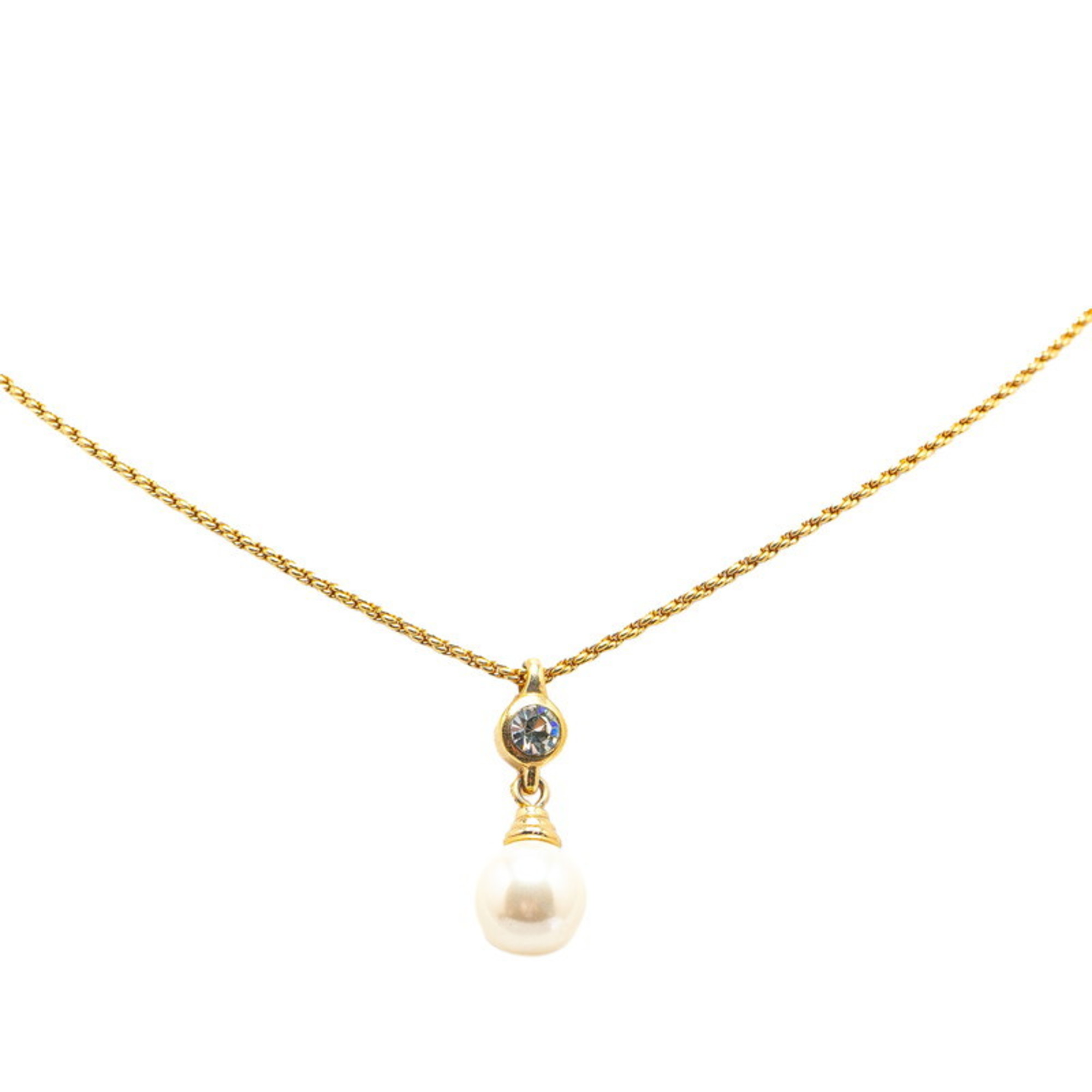 Christian Dior Dior Rhinestone Necklace Gold Plated Faux Pearl Women's