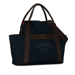 Hermes Sac de Pansage Groom Tote Bag Shoulder Navy Brown Canvas Women's HERMES