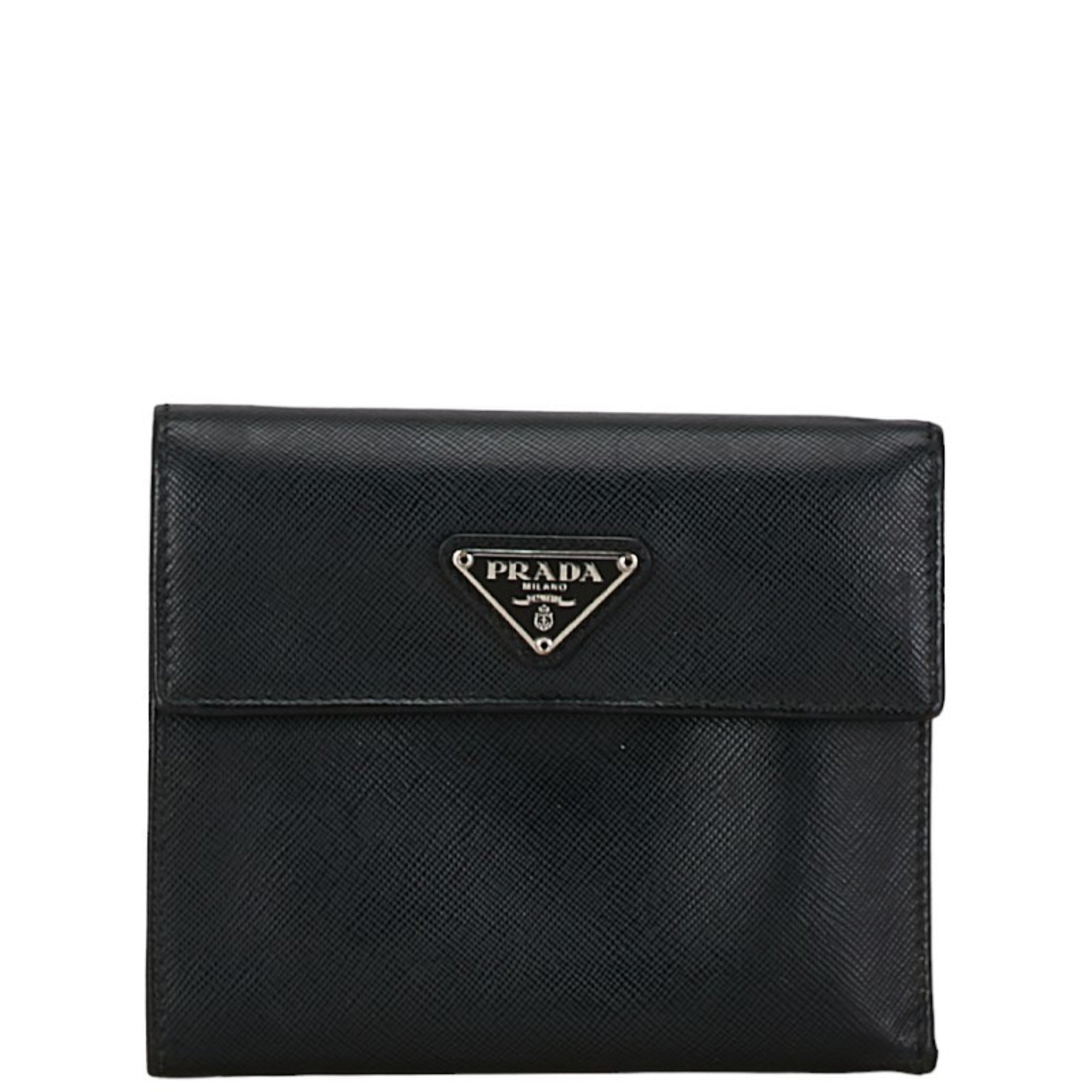 Prada Saffiano Triangle Plate Tri-fold Wallet Compact 1M0170 Black Leather Women's PRADA