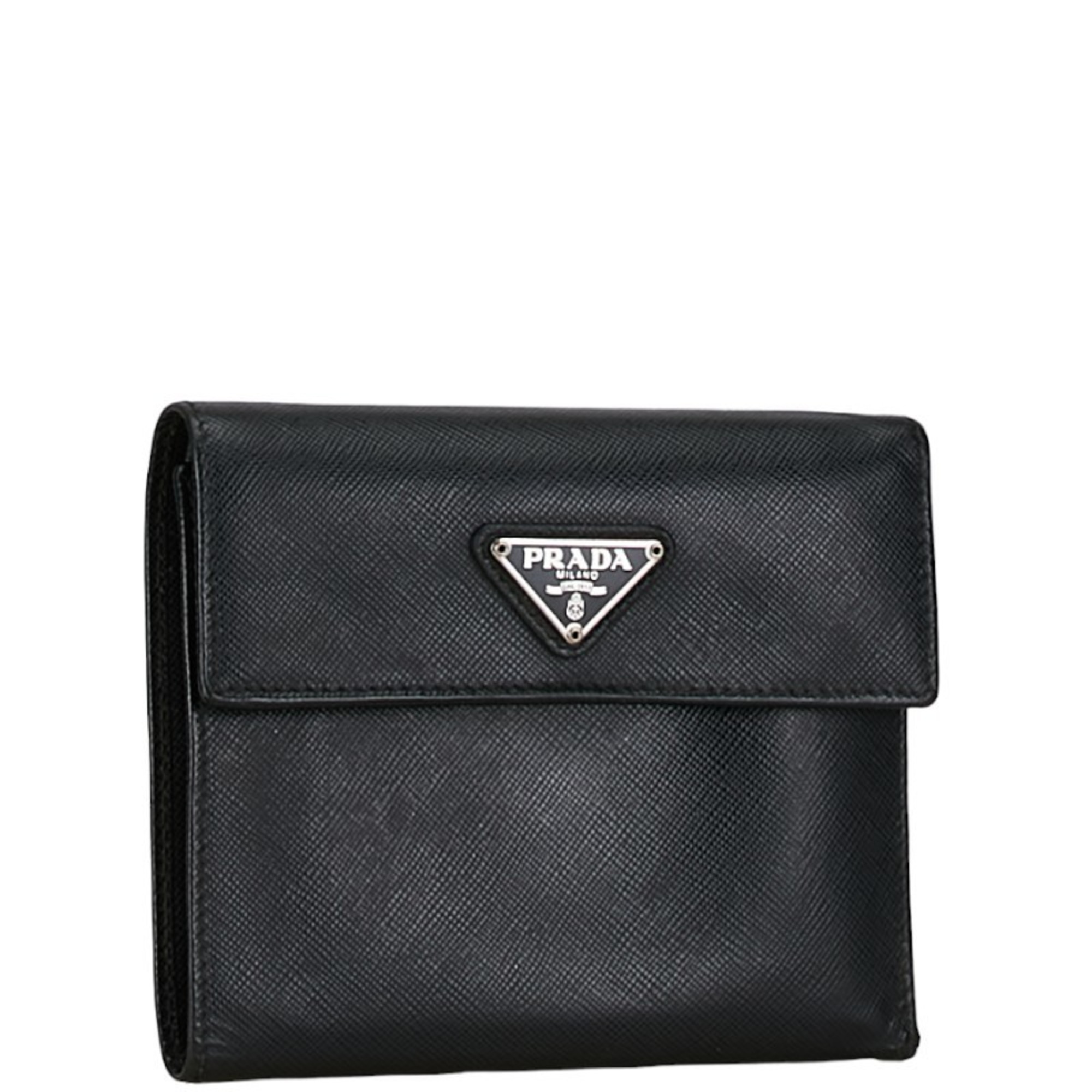 Prada Saffiano Triangle Plate Tri-fold Wallet Compact 1M0170 Black Leather Women's PRADA