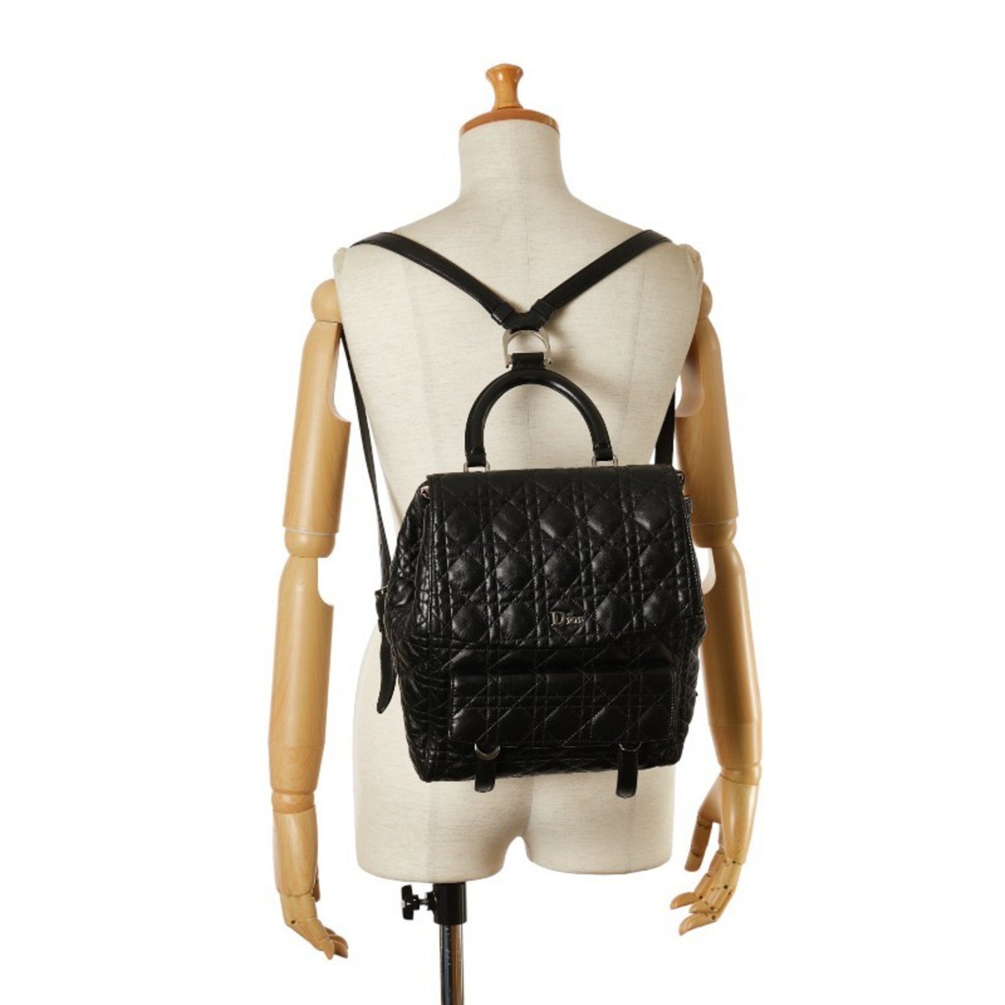 Christian Dior Dior Cannage Backpack Black Lambskin Women's