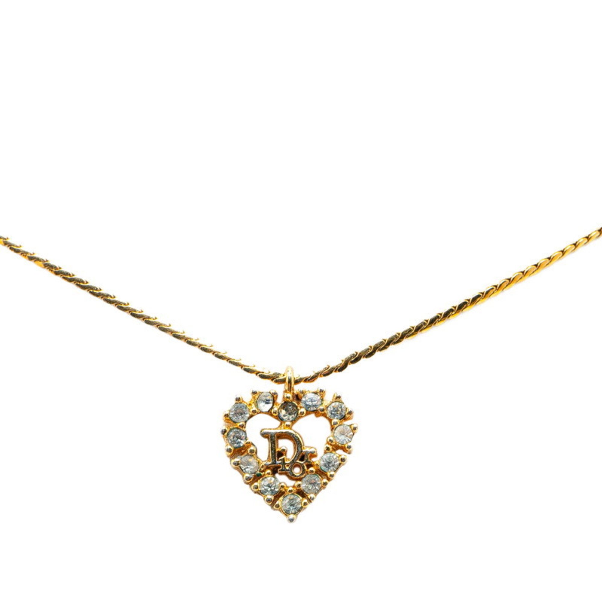 Christian Dior Dior Heart Rhinestone Necklace Gold Plated Women's