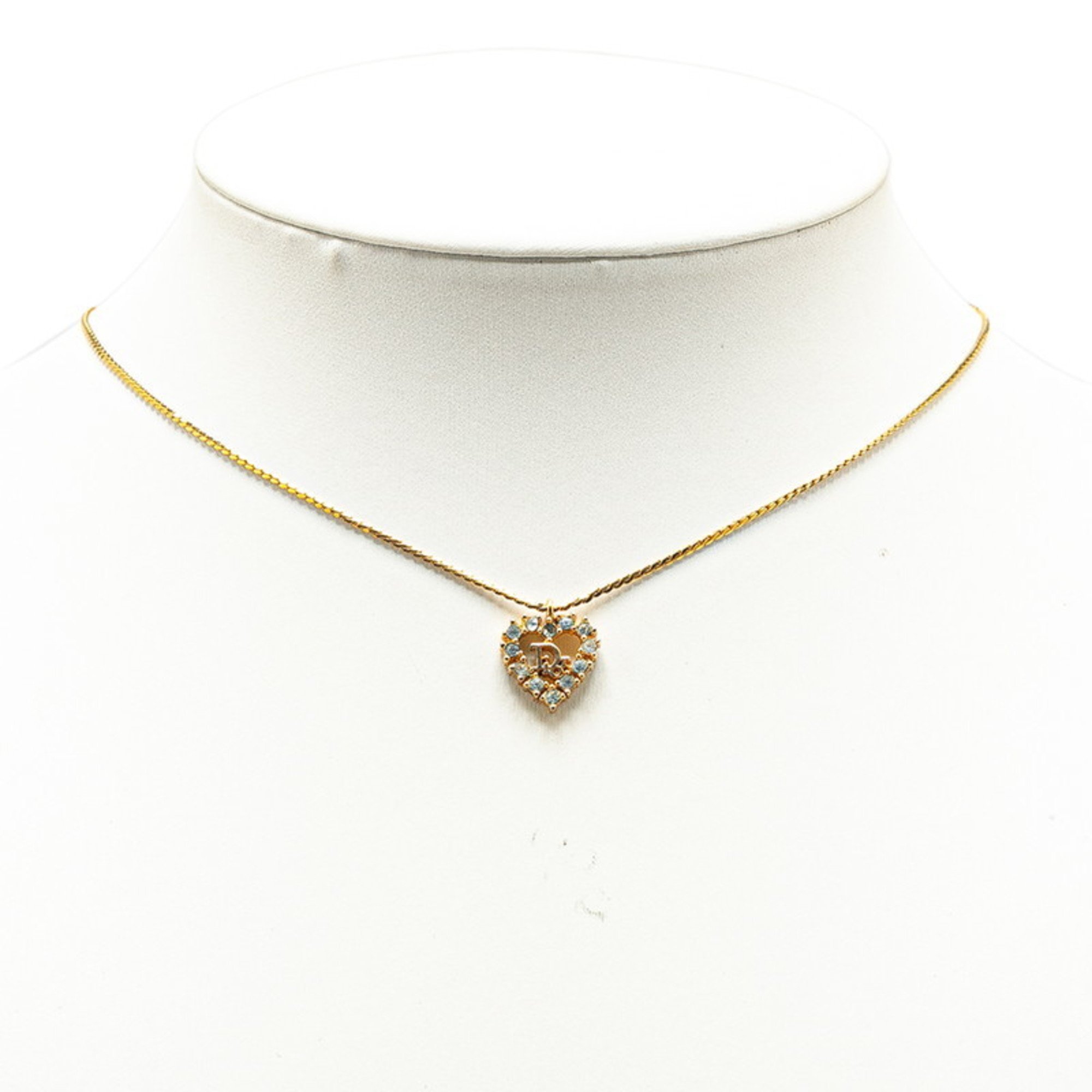 Christian Dior Dior Heart Rhinestone Necklace Gold Plated Women's