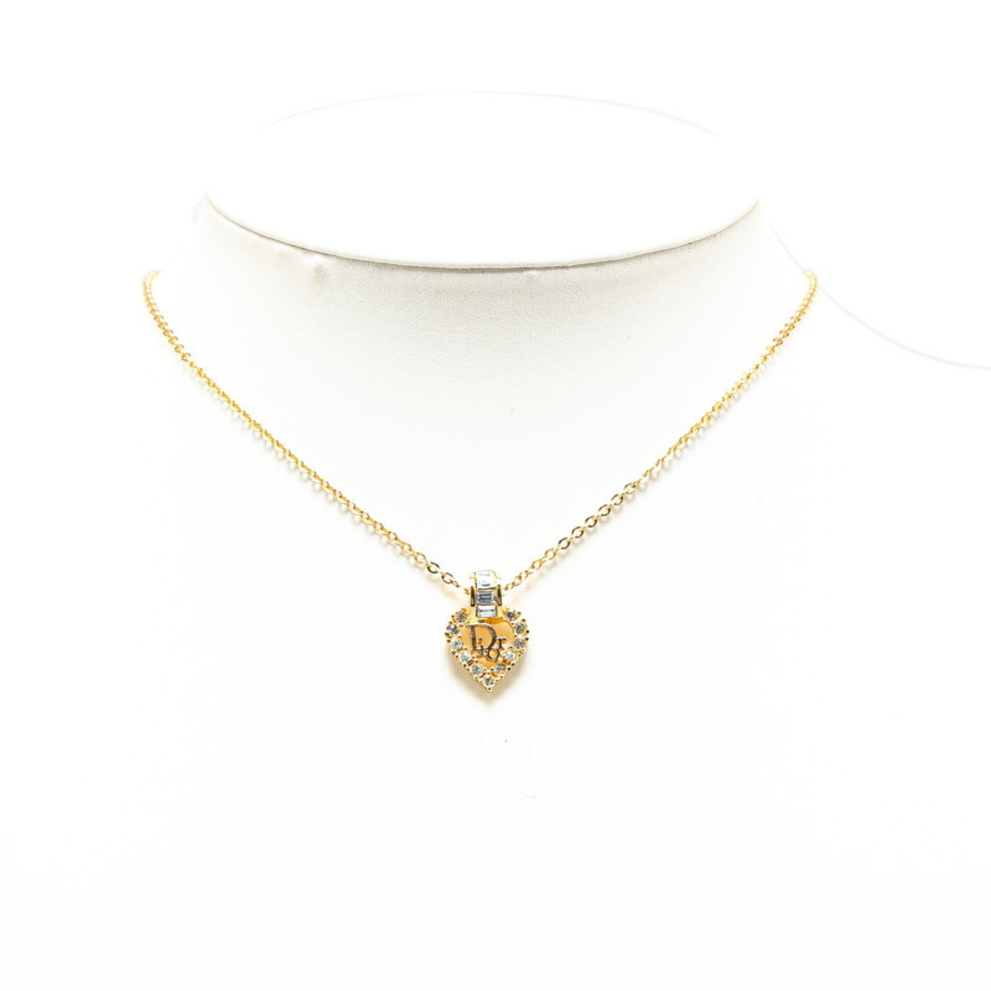 Christian Dior Dior Heart Rhinestone Necklace Gold Plated Women's