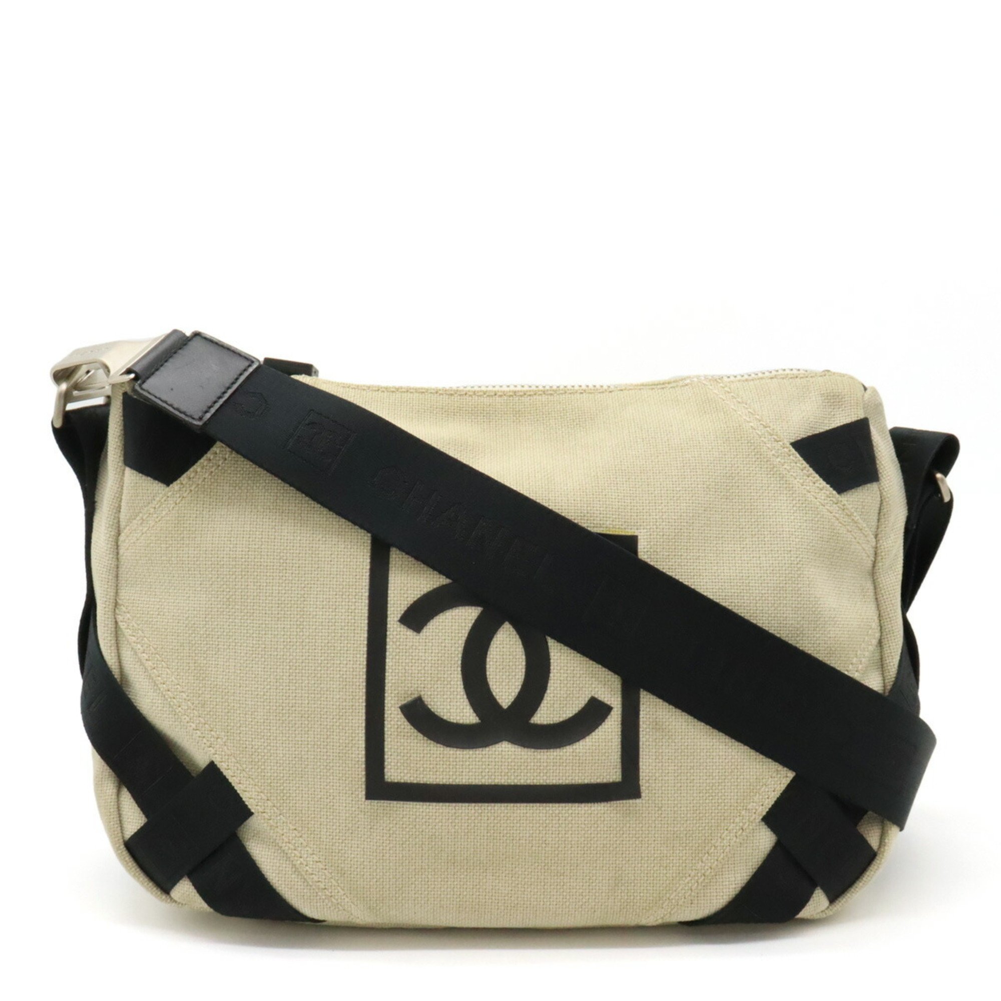 CHANEL Chanel Sport Line Coco Mark Shoulder Bag Canvas Ivory Black