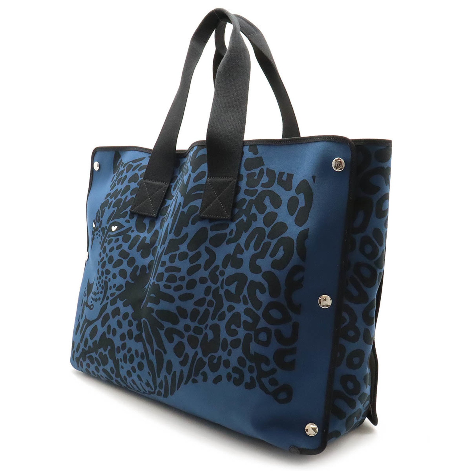 HERMES Hermes Beach Tote Leopard Bag Canvas Blue Black