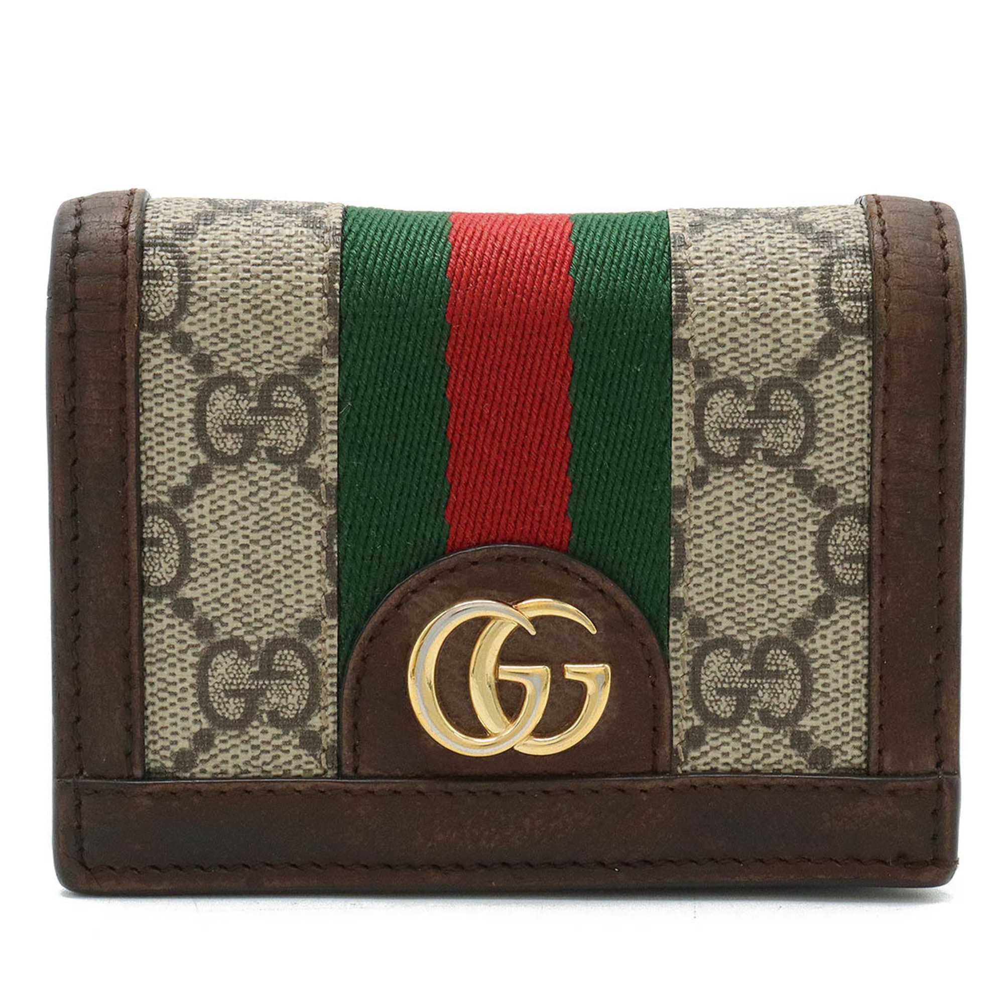 GUCCI GG Supreme Ophidia Card Case Web Stripe Wallet PVC Beige Dark Brown 523155