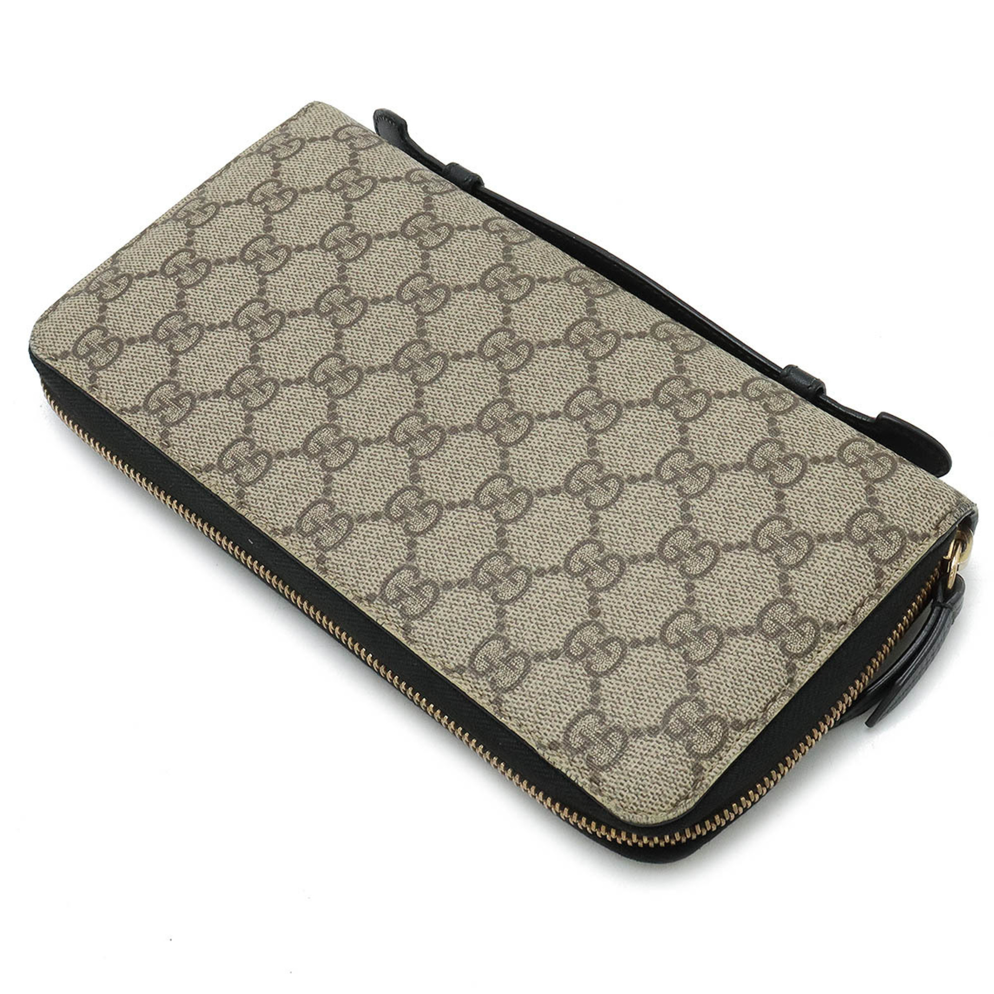 GUCCI GG Supreme Travel Case Second Bag Clutch Round Long Wallet PVC Leather Beige Black 431714