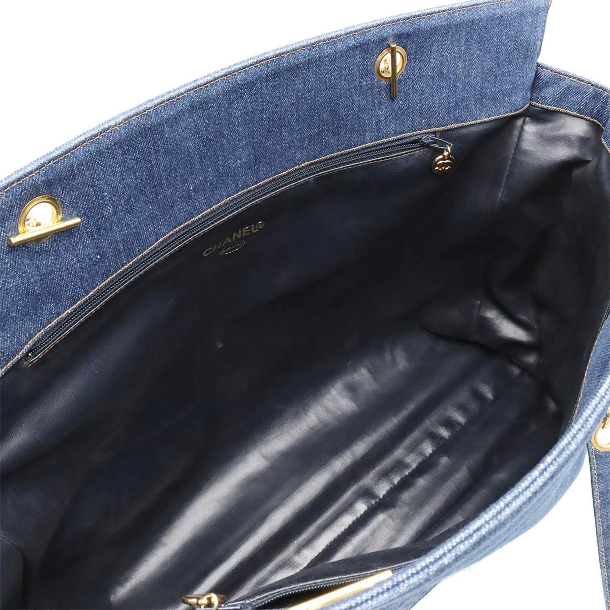 CHANEL Coco Mark Tote Bag Chain Shoulder Denim Blue