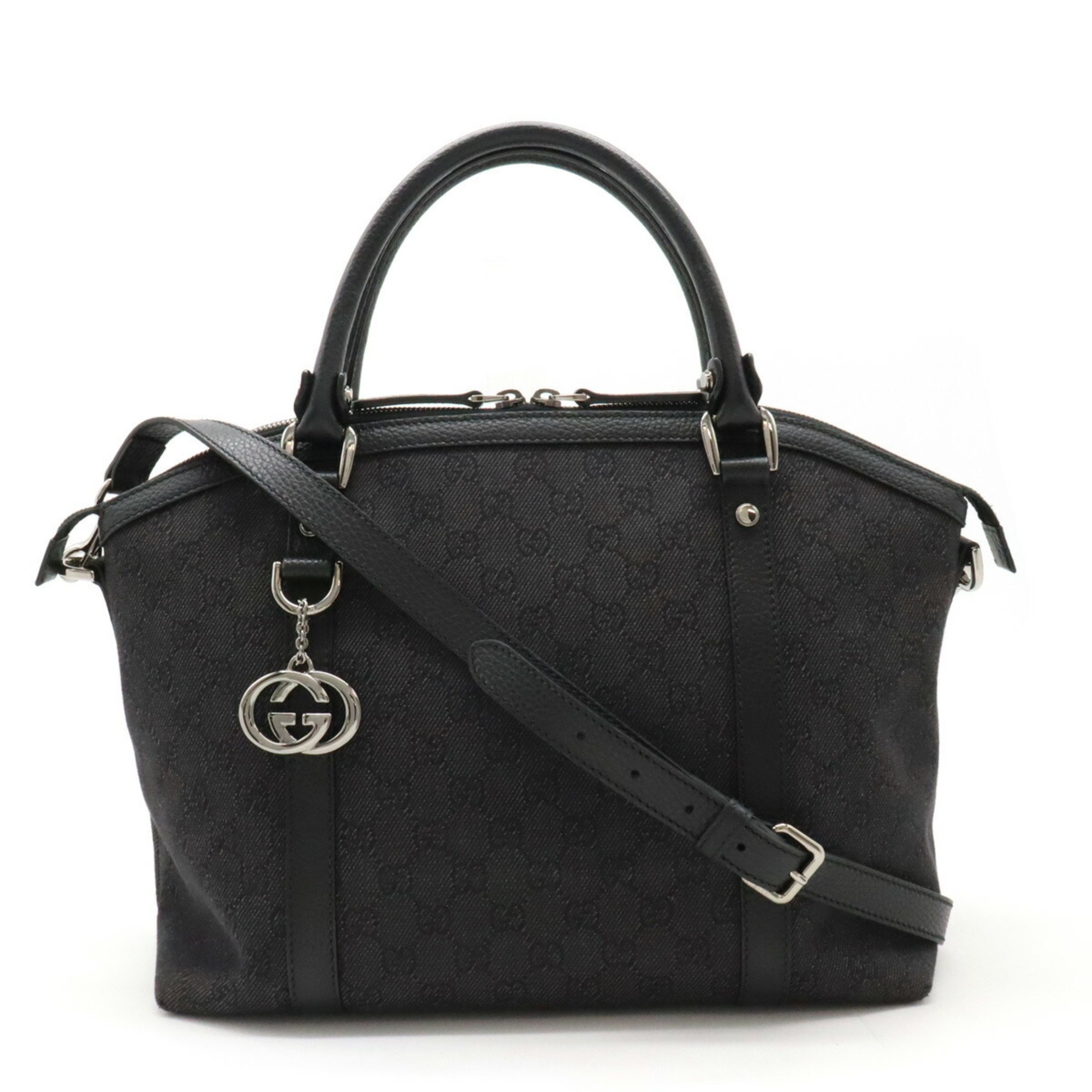 GUCCI GG denim tote bag, handbag, shoulder canvas, leather, black, 341503