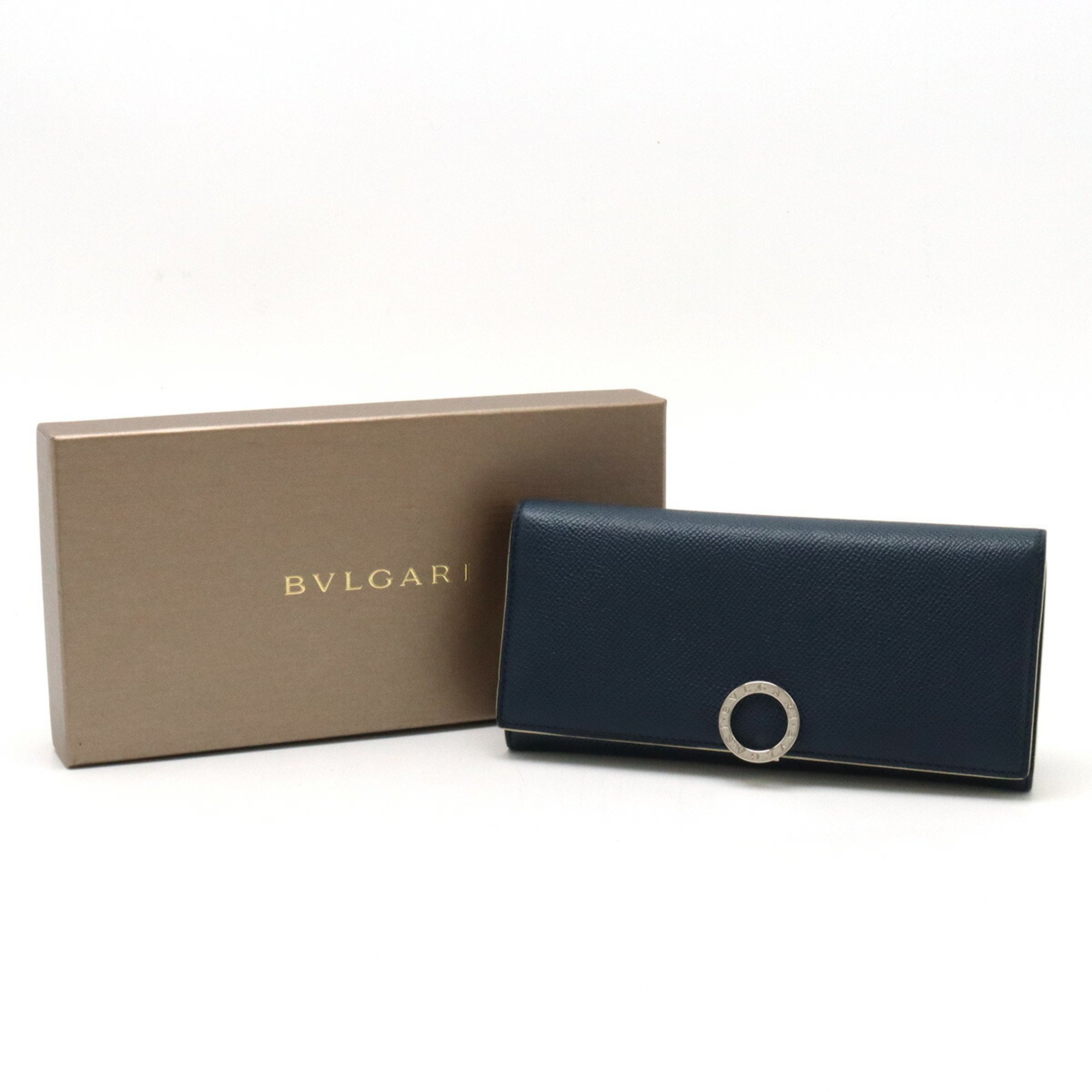 BVLGARI Clip Bi-fold Long Wallet Grain Leather Navy Blue Cream 290974