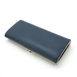 BVLGARI Clip Bi-fold Long Wallet Grain Leather Navy Blue Cream 290974