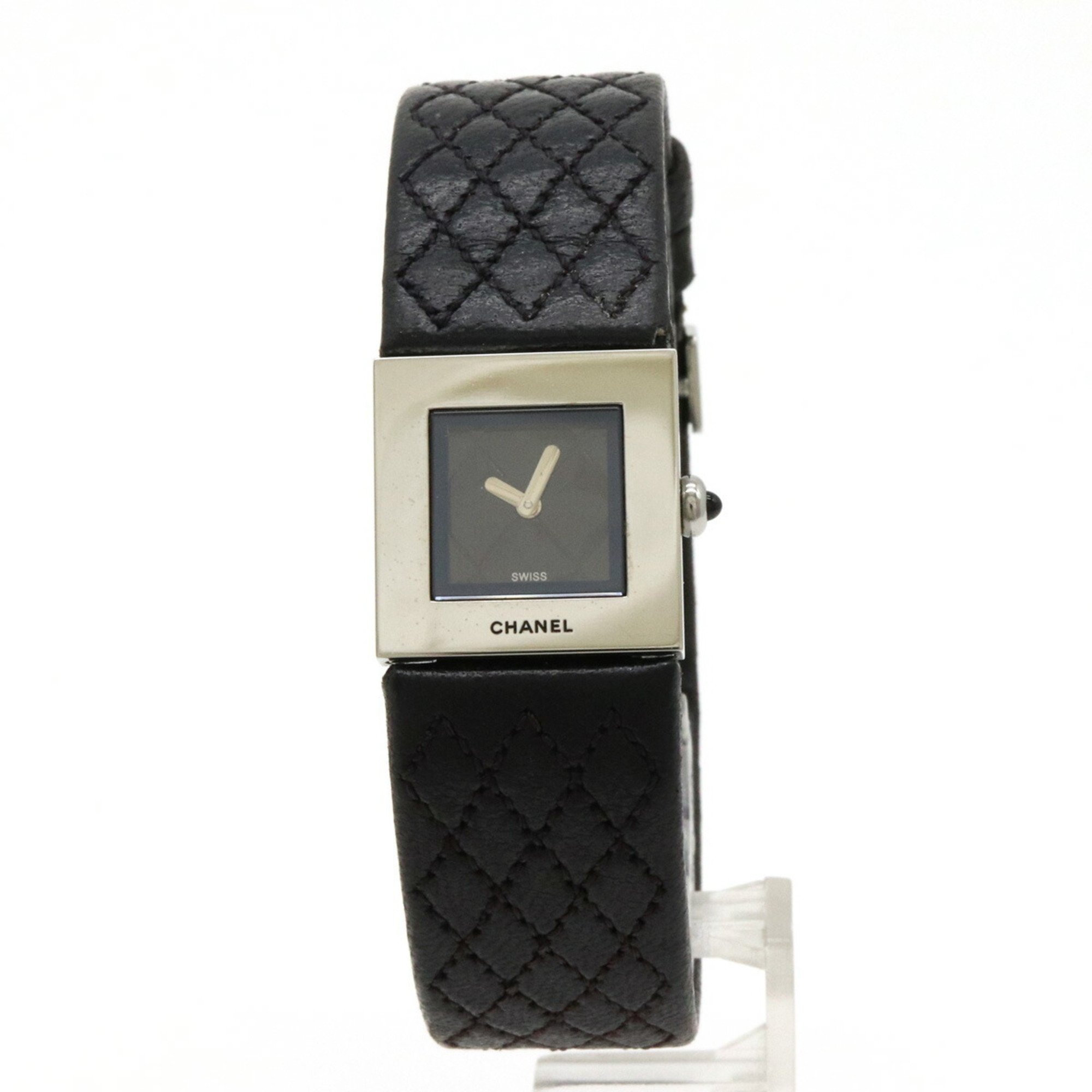 CHANEL Matelasse SS Patent Leather Strap Black Dial Women's Quartz Watch H0116