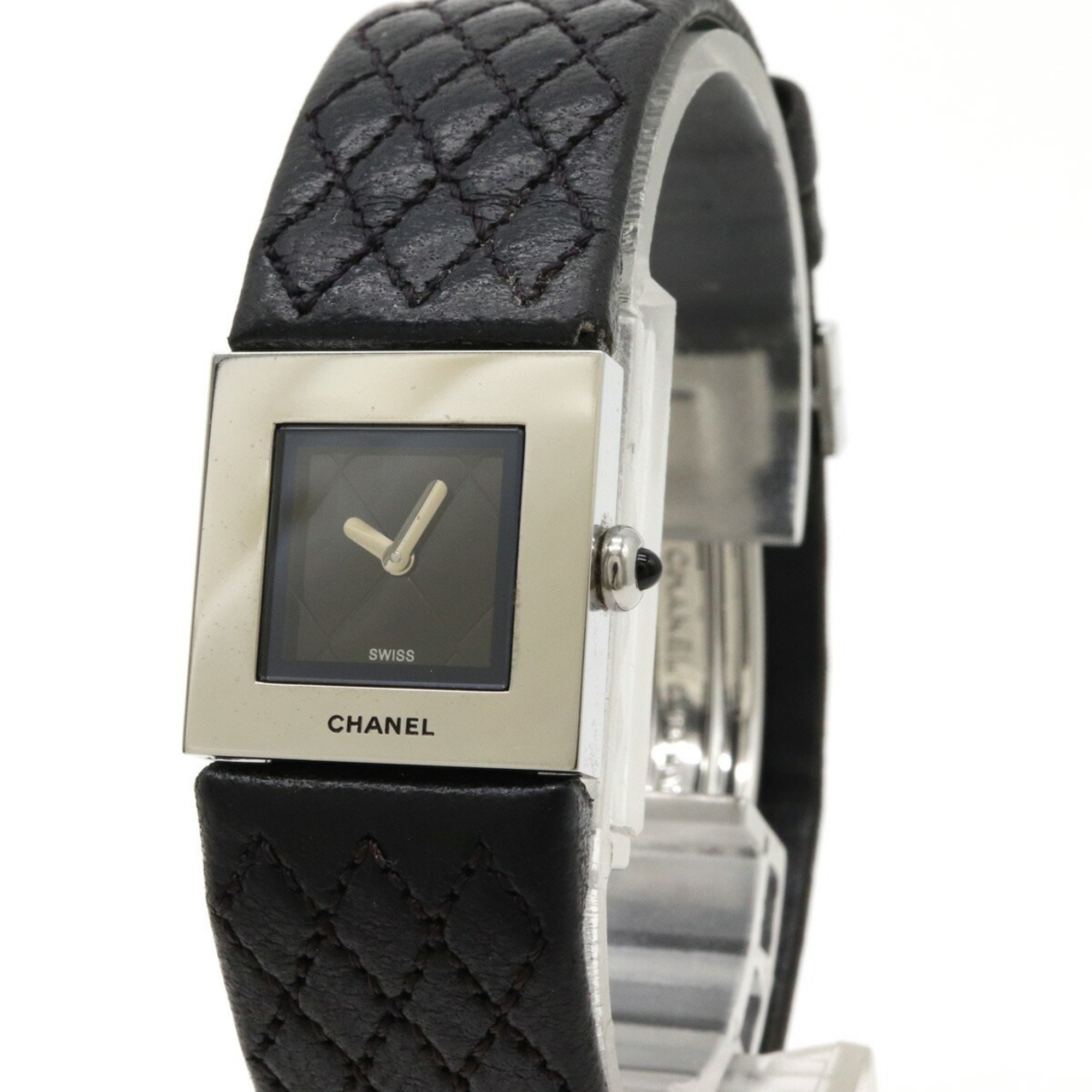 CHANEL Matelasse SS Patent Leather Strap Black Dial Women's Quartz Watch H0116