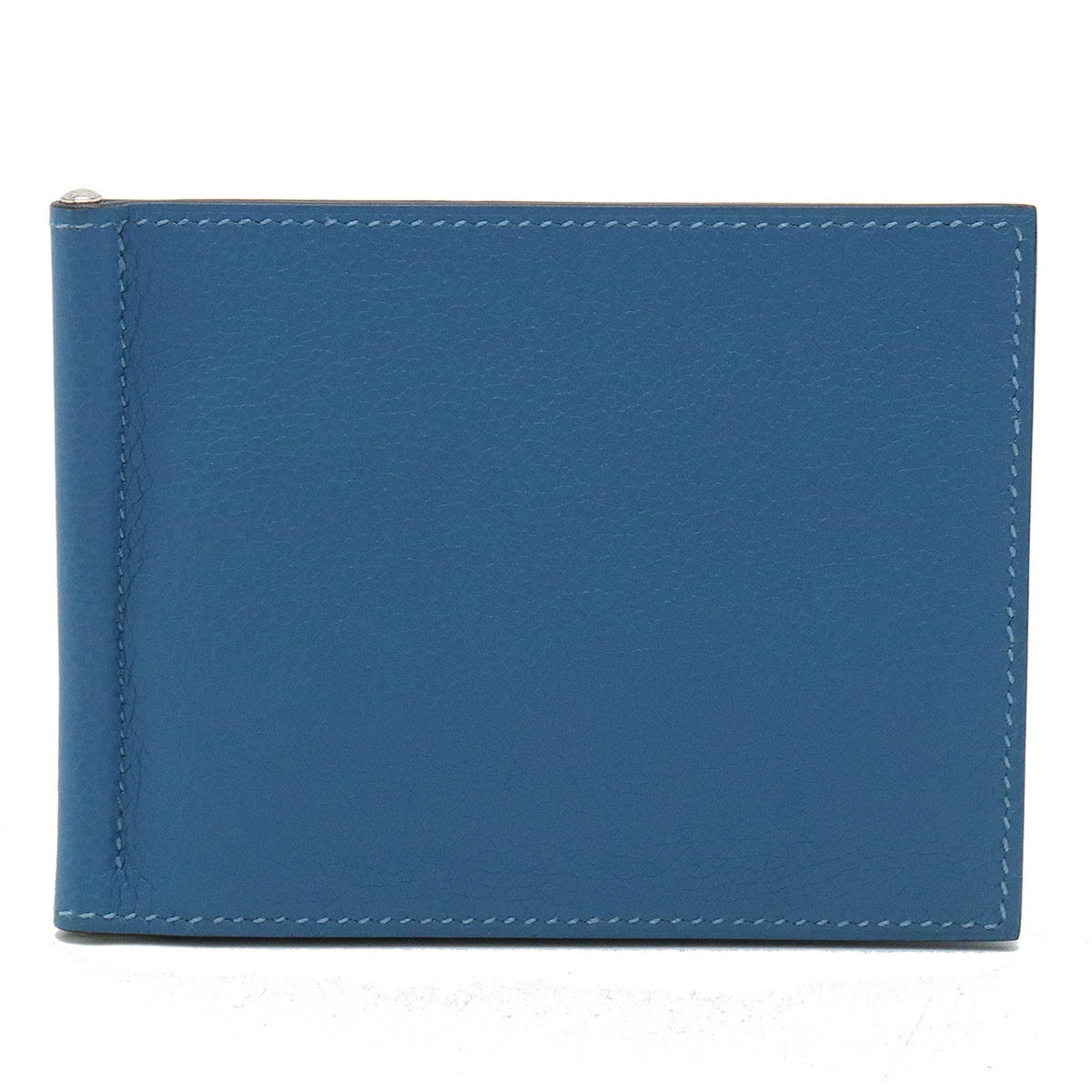 HERMES Poker GM Billfold Bi-fold Wallet with Money Clip Leather Blue C Stamp