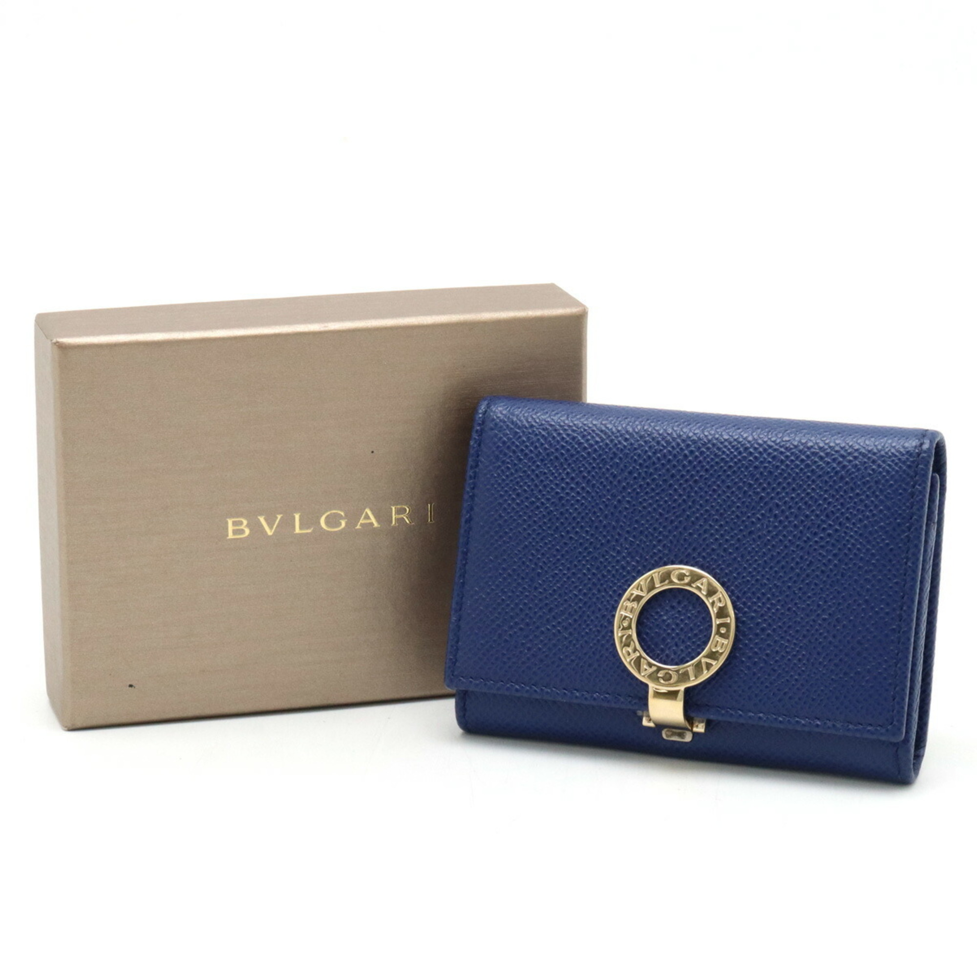 BVLGARI Clip Card Case Business Holder Pass ID Grain Leather Blue 30420